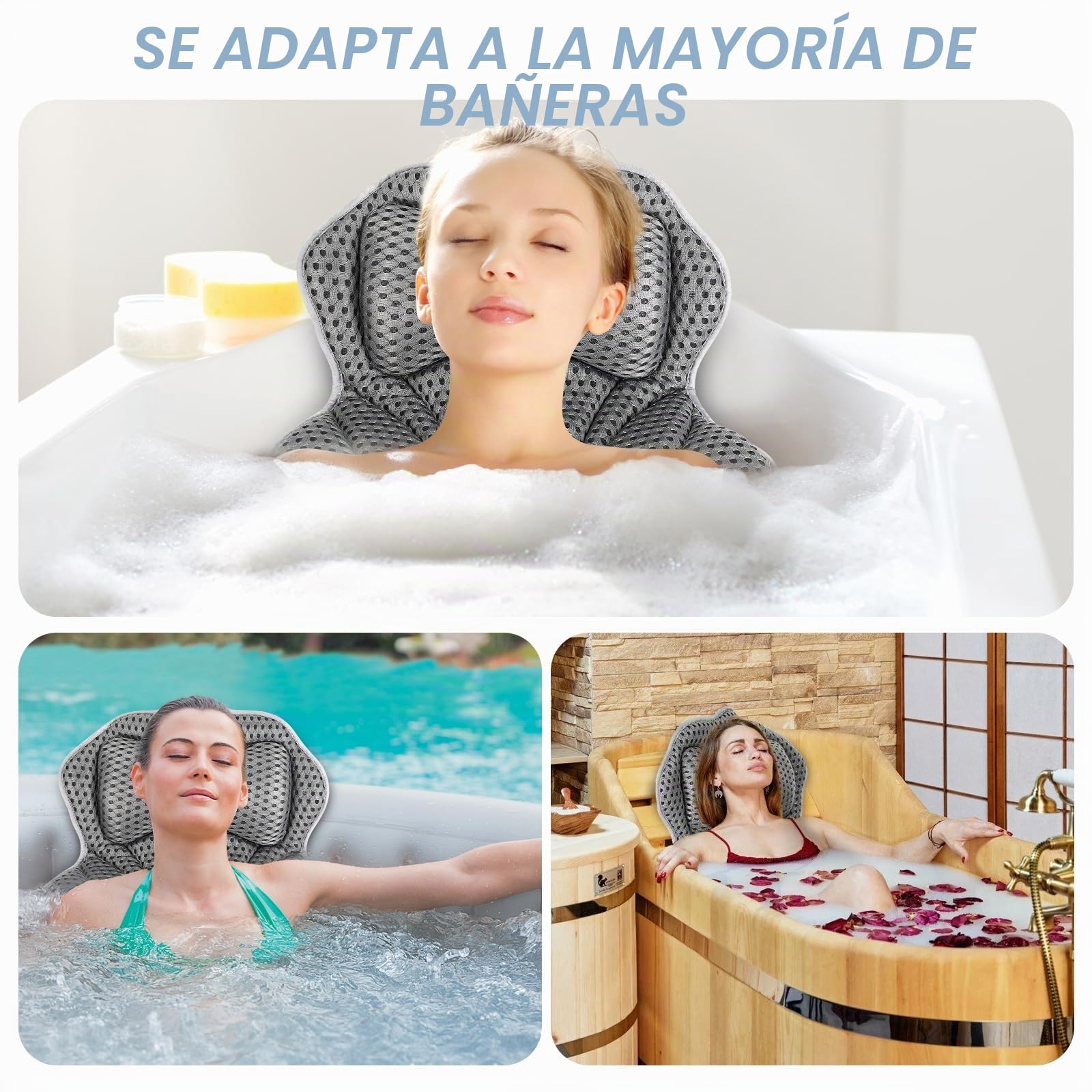 Zikenis Almohada de Baño con 6 Ventosas Antideslizantes, Malla 4D Almohada Bañera para Cuello Ergonómica, Cojin Bañera para Cuello y Espalda, Bañera de Hidromasaje y SPA en Casa