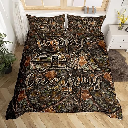 Manfei Juego de funda de edredón de camuflaje para niños, tamaño Queen, juego de ropa de cama de viaje para cámper, funda de edredón rústica de