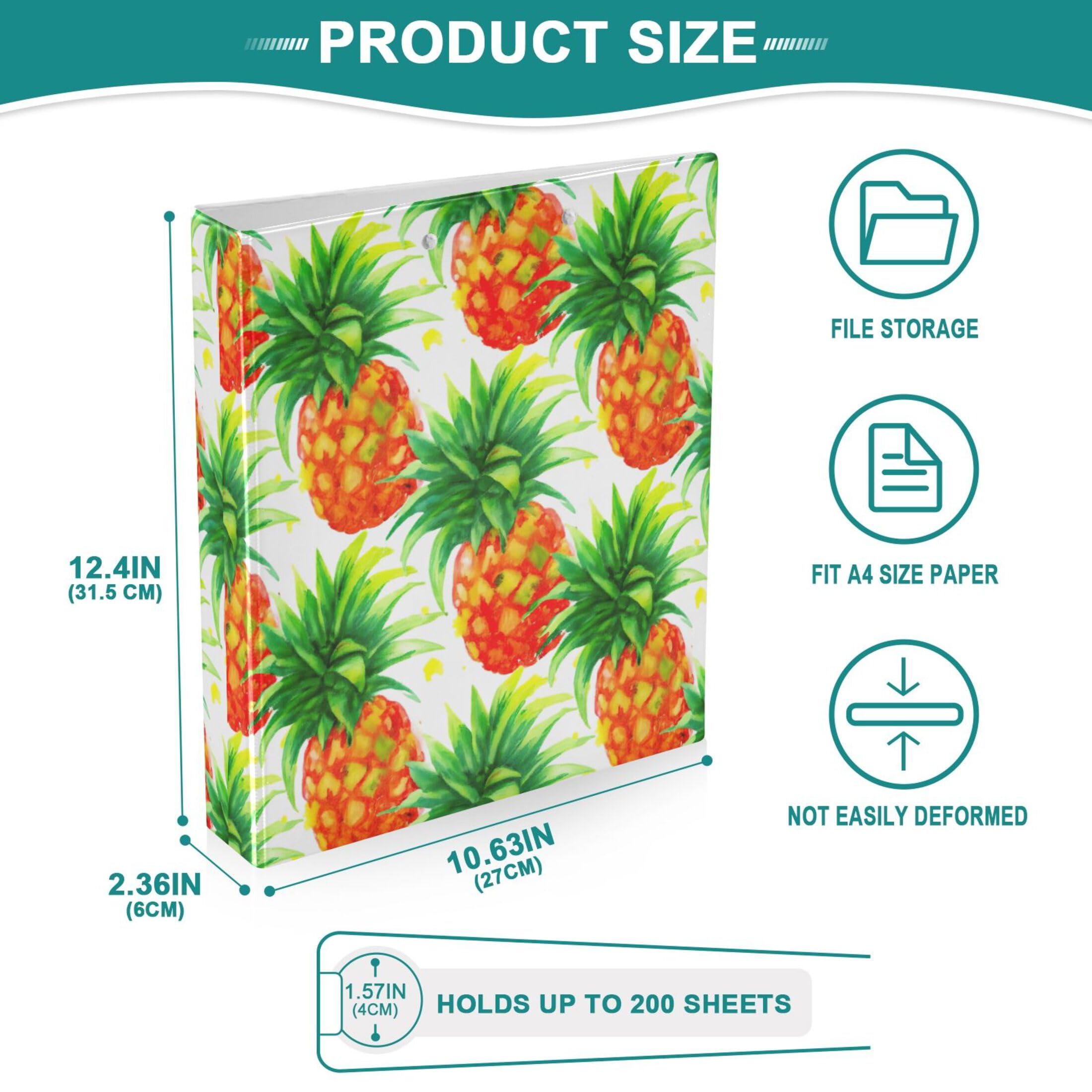 Raccoglitori personalizzati con ananas vibrante da 1 1/2 pollici, 3 anelli, 200 fogli, blocco note, 31,5 x 27 x 6 cm, confezione da 2