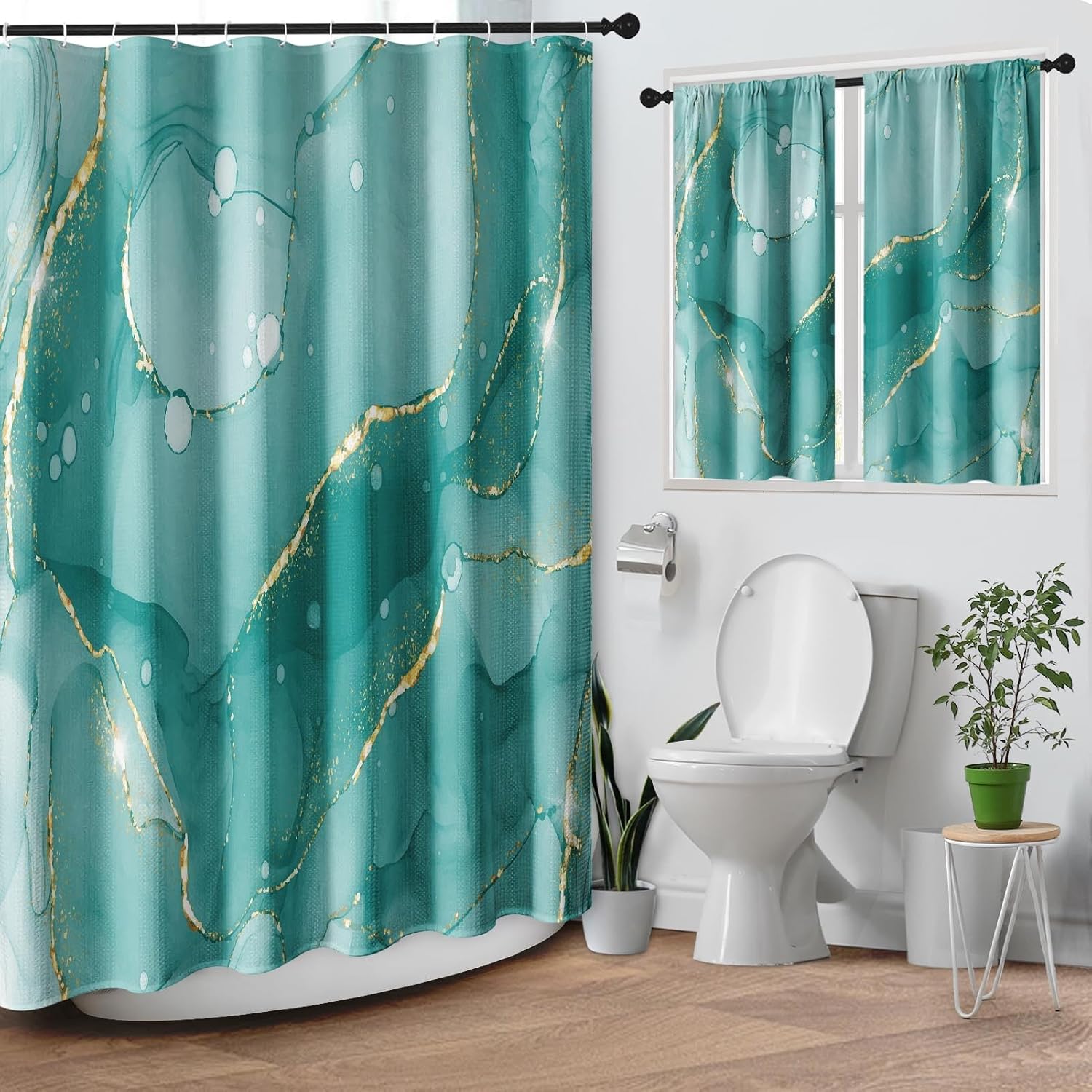 Mint Green Marble Gold Shower Curtain Set, Teal Turquoise Blue Abstract Bathroom Window Waterproof Shower Curtain Set for Bathroom Decor