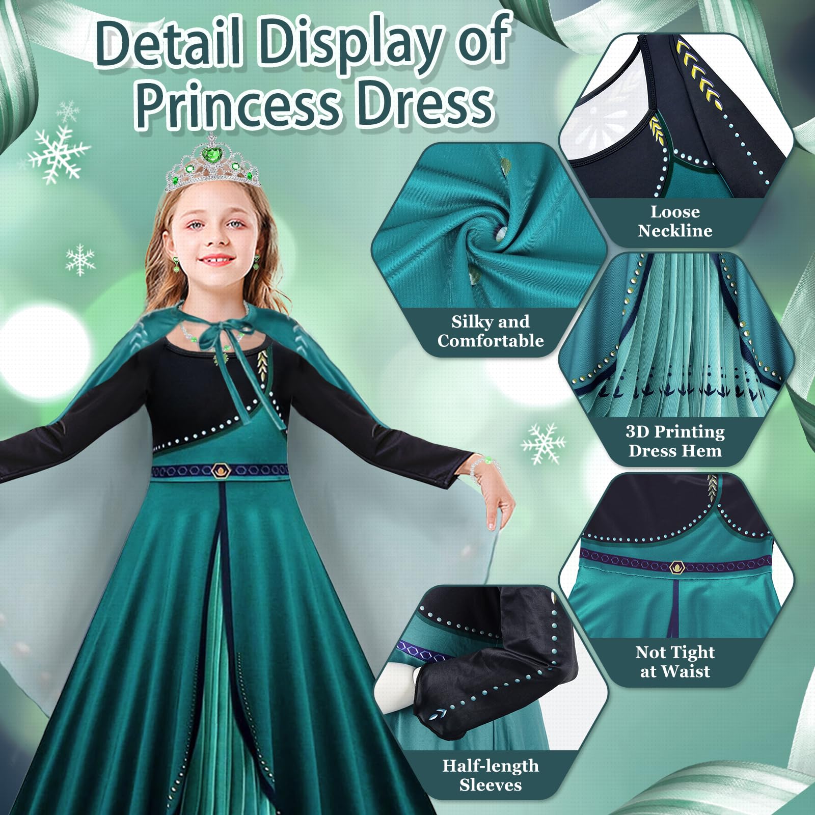 Prinzessin Kleid Mädchen, Langarm Kostüm Kleid mit Umhang für Kinder, Prinzessin Königin Grün Krönung Kostüm für Kinder Verkleidung Karneval Halloween Weihnachten Fasching Cosplay