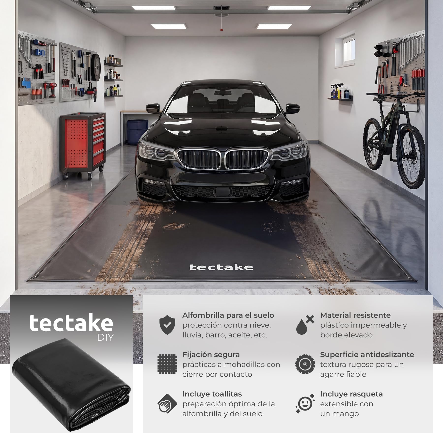 tectake® Tapete Garaje, Gomas Antideslizante, Protector Suelo 2,4 x 5,5 m, Borde Elevado, Incluye Extractor Extensible, Alfombra Antideslizante, Alfombra Protectora de Suelo - Negro