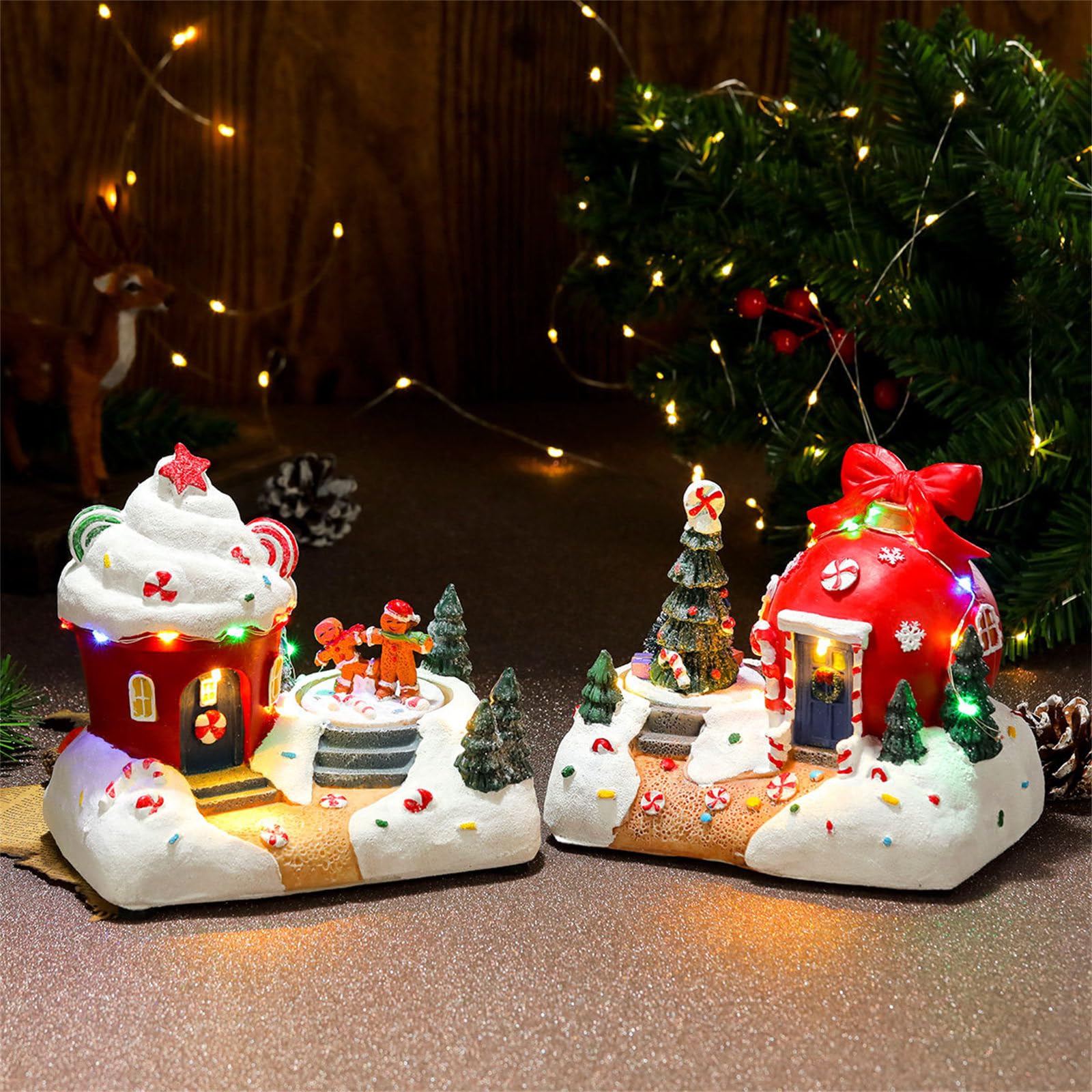 PANGBOER Adorno musical de resina de casa de pueblo de Navidad con luz LED y figuras giratorias, decoración de escritorio para fiestas de día festivo