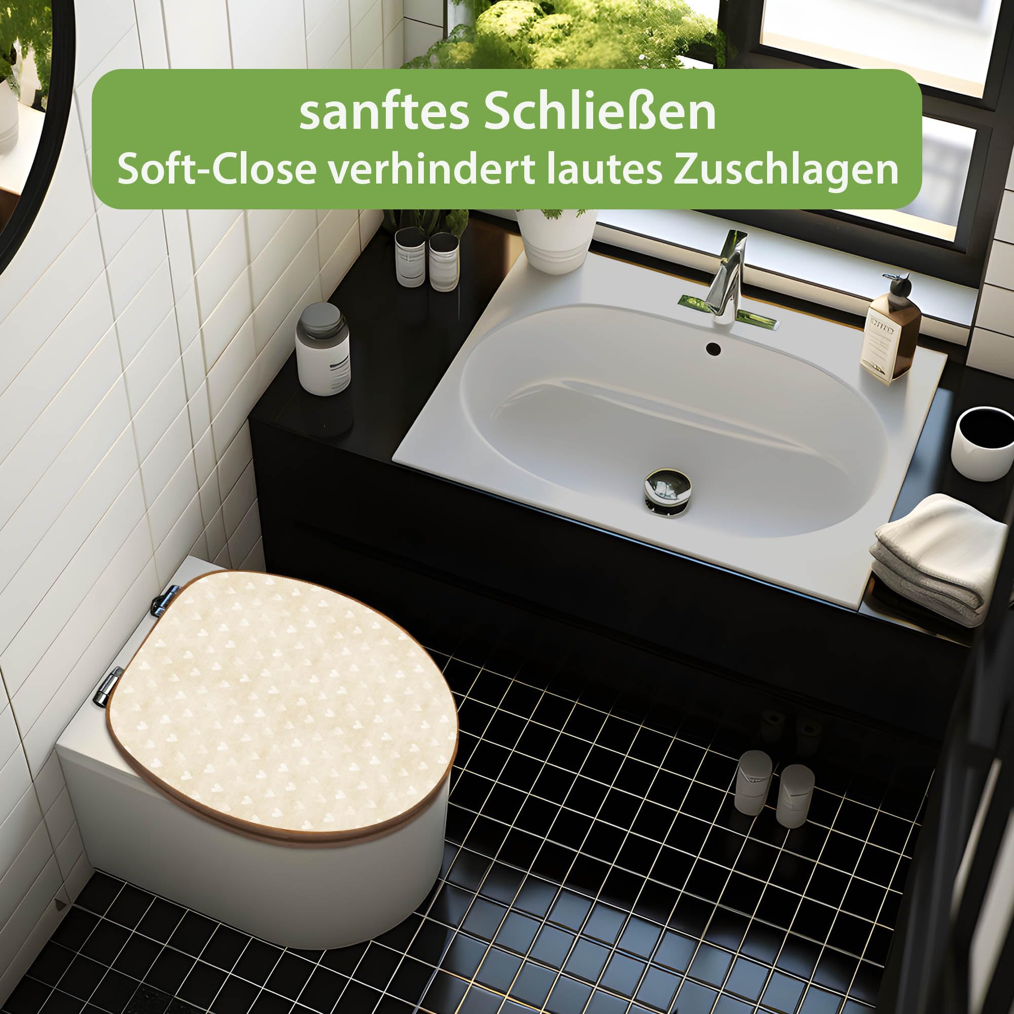banjado Design WC Sitz Bambus Absenkautomatik 45,8x37,5cm - Toilettendeckel mit Absenkautomatik Holz - hochwertiger Bambus Klodeckel - WC-Sitz für gängigen Toiletten - Motiv Beige Herzen