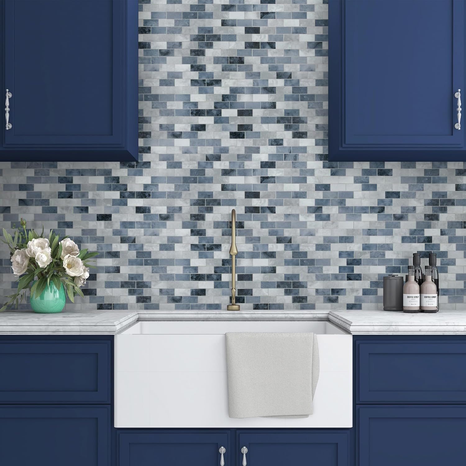 10-Sheet Subway Peel and Stick Backsplash Tile, 11.3" x 10.8" Blue Stone Composite Cement Looks Self Adhesive Waterproof Wall Tile, Stick on Tiles for Kitchen Bathroom Shower Fireplace