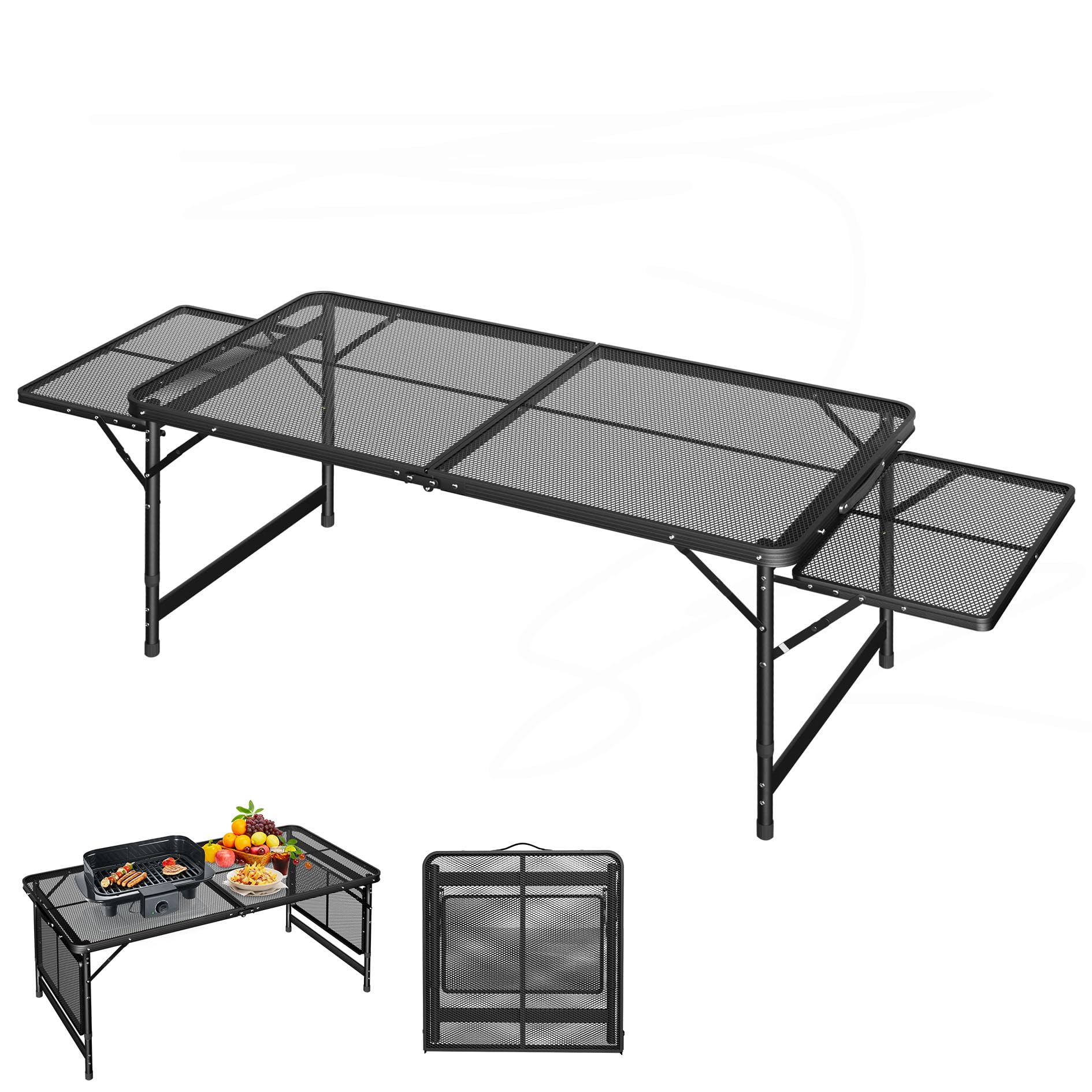 Przenośny stół kempingowy 120 x 60 cm, z regulacją wysokości i składany stół ogrodowy z metalową płytą z siatki, rozszerzalny stół grillowy na kemping, piknik, do ogrodu, na zewnątrz