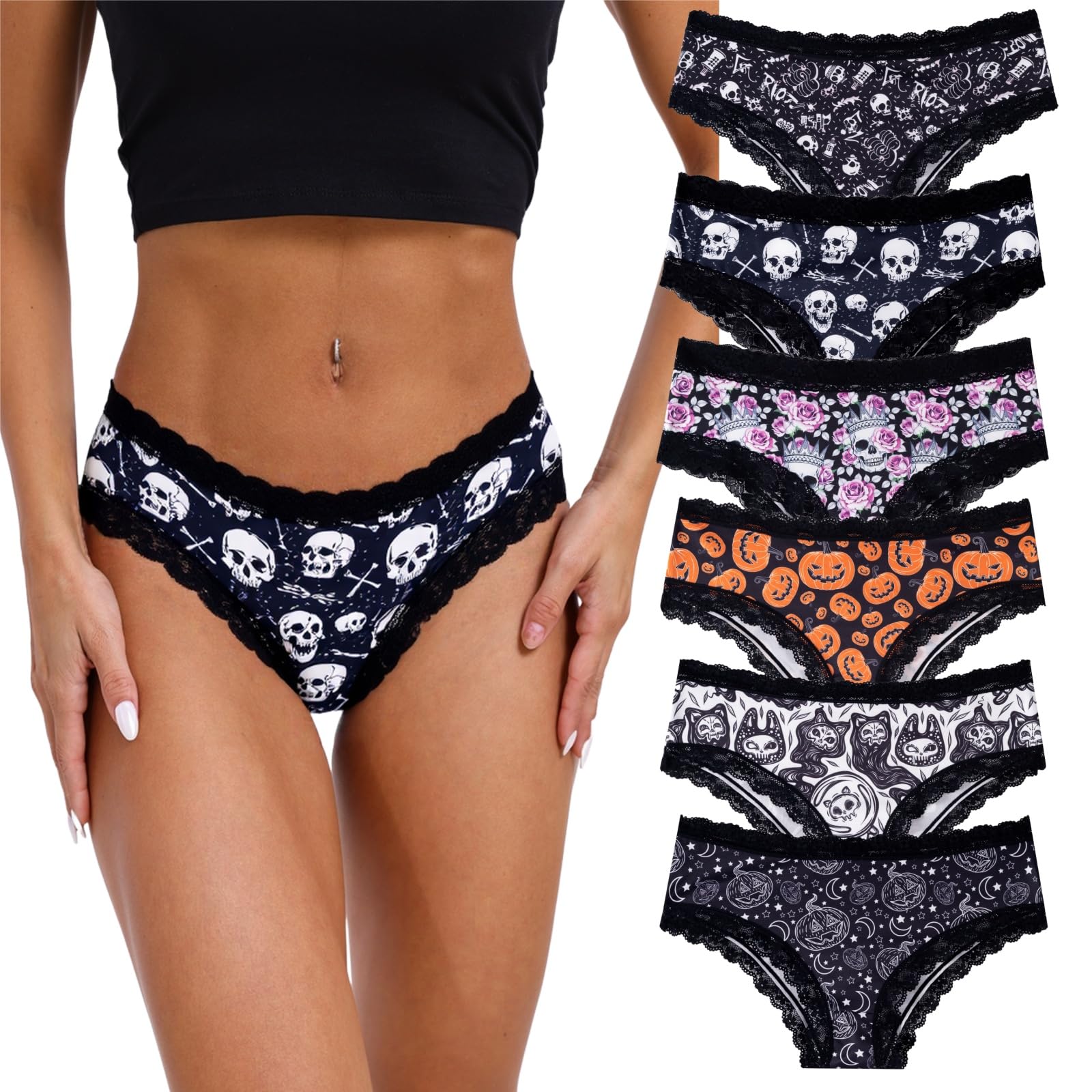 TenderTouch Women's Halloween Panties 6-Pack Cute Scary Spooky Rose Allover Print Hipster Underwear for Valentine's Day Gifts