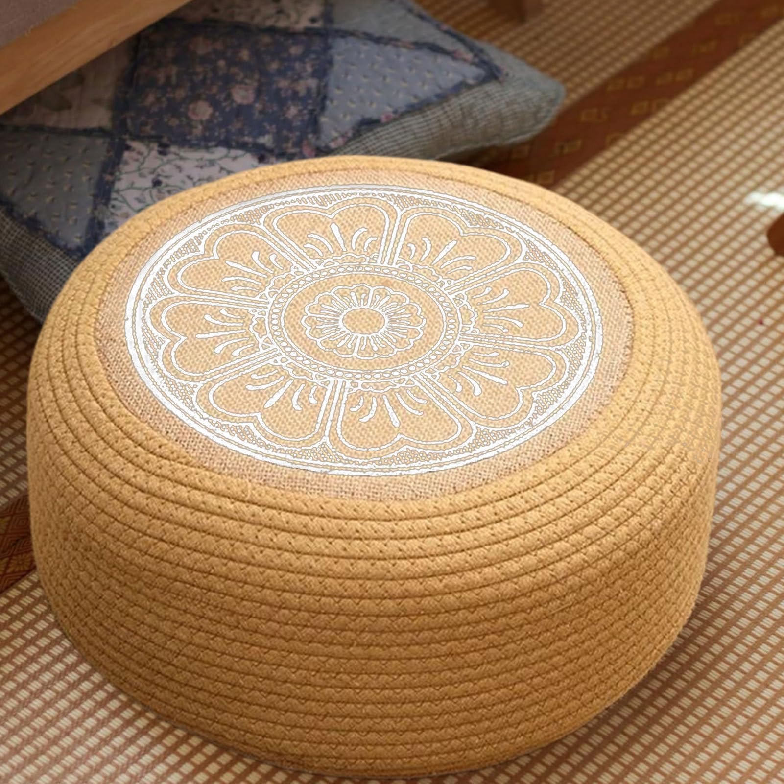 Generico Pouf In Rattan,Sgabello Rotondo Intrecciato per Esterni | Cuscini da Esterno per Giardino Terrazza Portico Deck Costiero