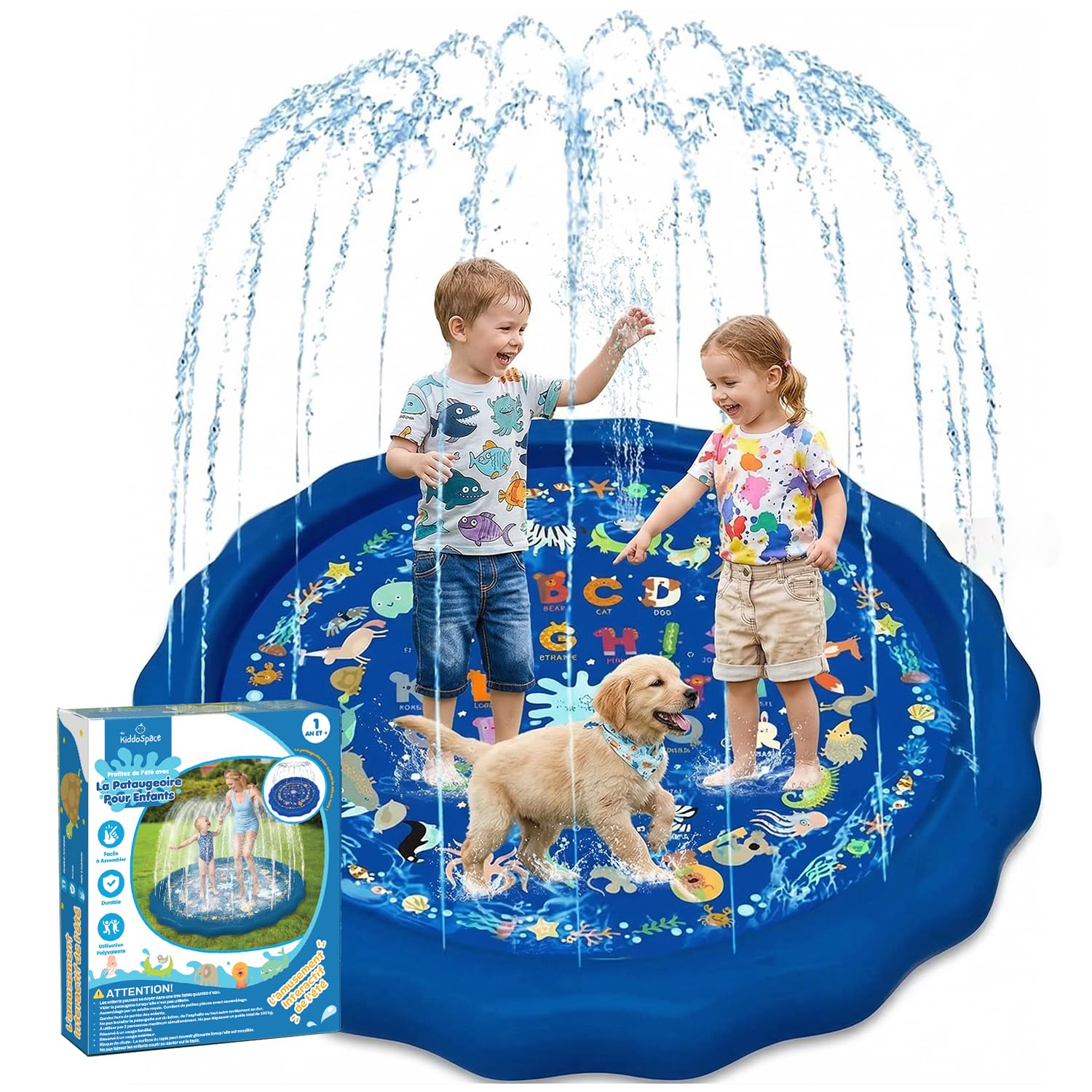 Tapis Aquatique antidérapant KiddoSpace Splash Pad avec Motifs éducatifs, idéal pour l’été en extérieur, Cartes d’Apprentissage et kit de réparation Inclus, sans BPA, Parfait pour bébés et Enfants.