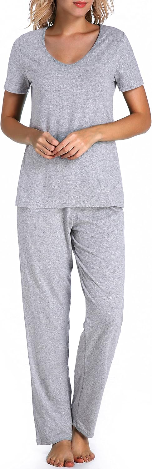 Cotton Pajamas for Women Two Piece Pajama Set Short Sleeve V-neck Tops with Long Pants