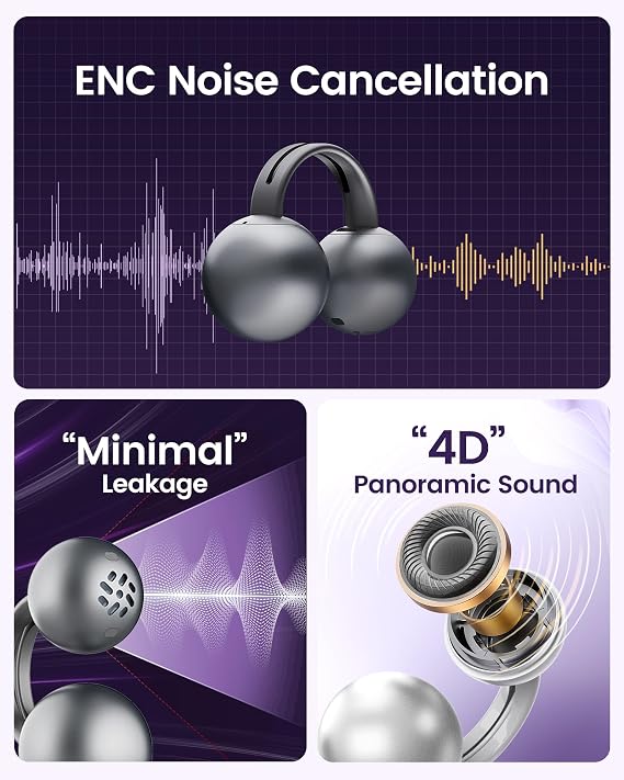 mojawa StarClip Open Ear Bluetooth Clip-On Headphones IP54 Sports Earbuds | Soft silicone grips, 4D panoramic sound, IP54 sweat resistant, lightweight secure fit for running, gym and daily workouts