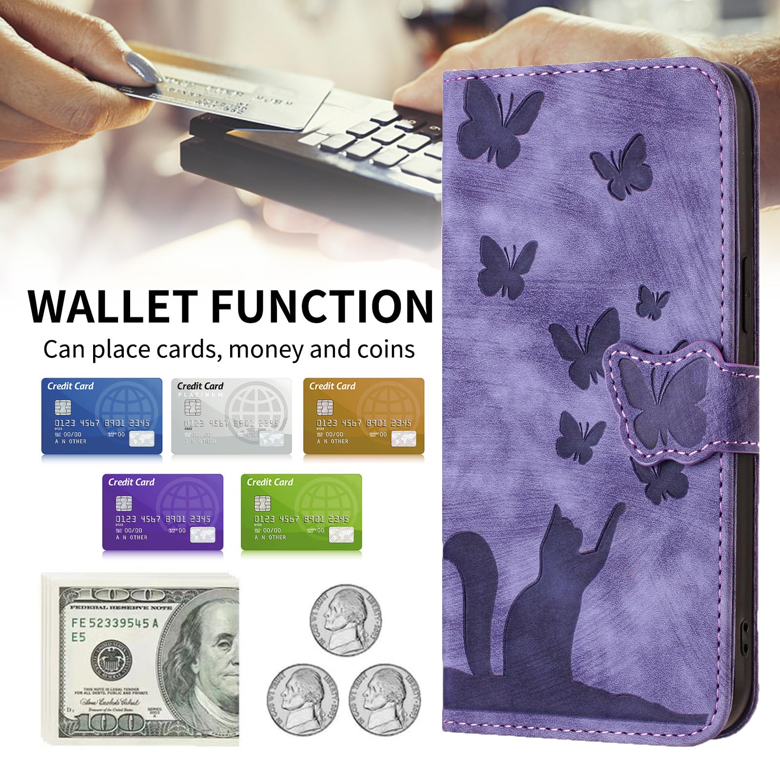Wuhaizher for iPhone 16 Pro Case Butterfly Cat Shockproof PU Leather Wallet Phone Case for Girls with Card Holder Folding Stand Magnetic Protect Flip Cover for iPhone 16 Pro - Image 3