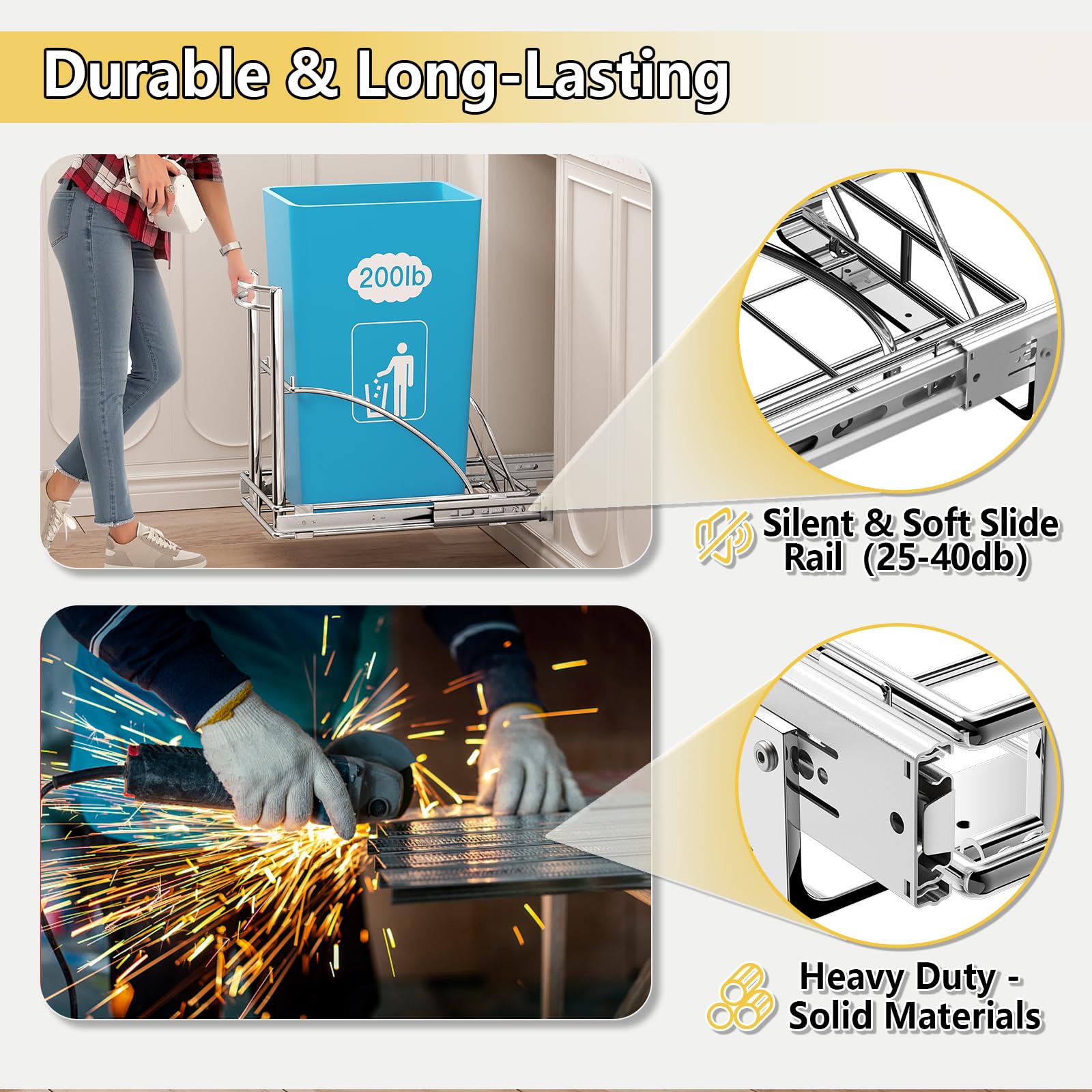 AMENER Poubelle Coulissante Sous Évier 20,5 à 50 L - Rail Extractible Argent Pour Armoire ≥ 33 Cm