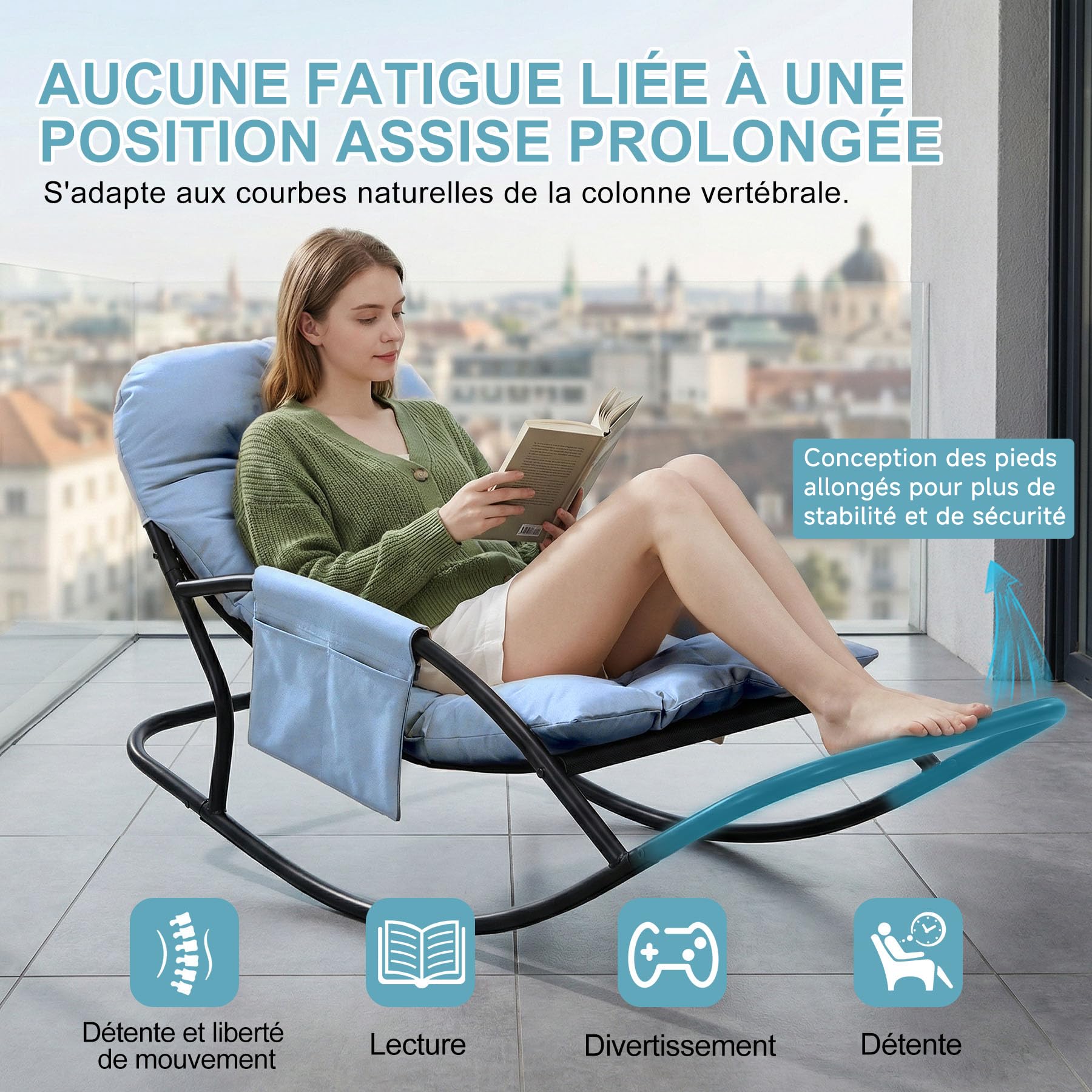 Fauteuil à Bascule Extérieur, Rocking Chair Papasan avec Coussin et Cadre, Cadre en métal Soutien des Pas, pour Chambre, Salon, Terrasse, Jardin,capacité de Charge 120 kg,Tissu Technique