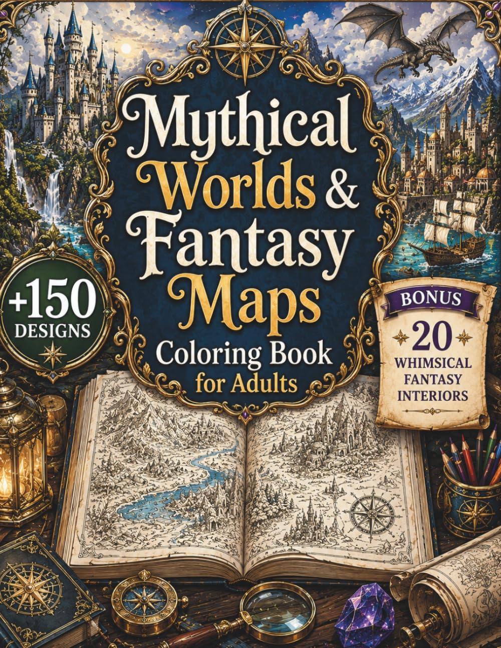 Mythical Worlds & Fantasy Maps Coloring Book for Adults: 150+ Detailed Adventure Maps, Magical Kingdoms & Legendary Lands | Bonus 20 Whimsical Fantasy Interiors (8.5x11)