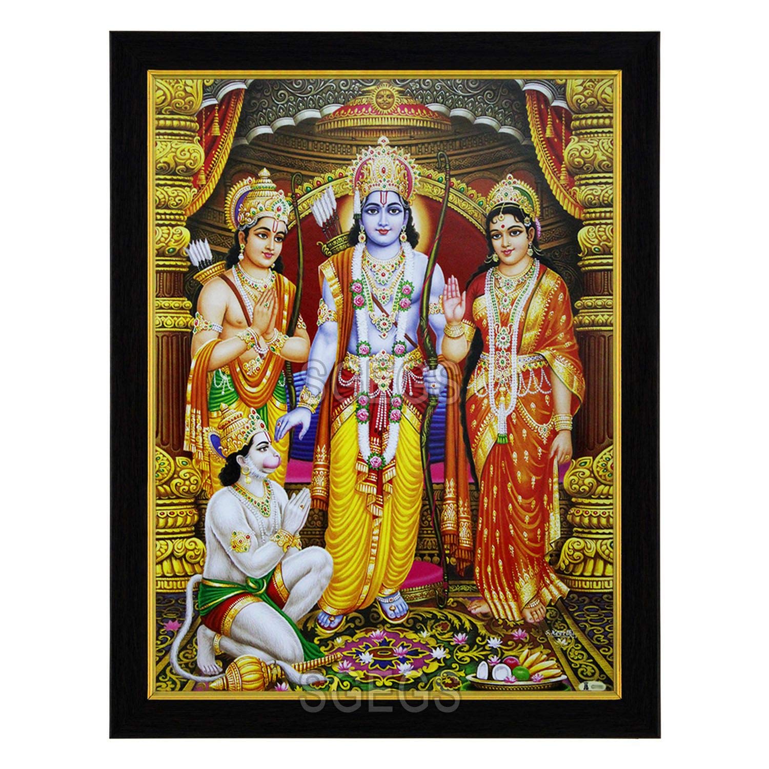 SHREE GANESH ENTERPRISE GIFTING SOLUTIONSGod Ram Darbar HD Photo Frame Lord Ram Pattabhishek Sita Laxman Hanuman Painting Pooja Wall Hanging (Wood, Poster with Frame, Multicolour, 25X1x31cm)