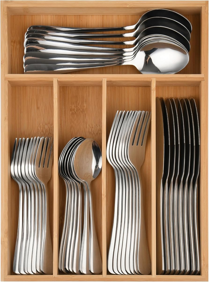 Juego de cubiertos de 40 piezas con organizador de cajones para 8, juego de cubiertos de acero inoxidable resistente, juego de cuchillos, tenedor, cuchara con organizador de elementos esenciales de cocina, a prueba de herrumbre, apto para lavavajillas