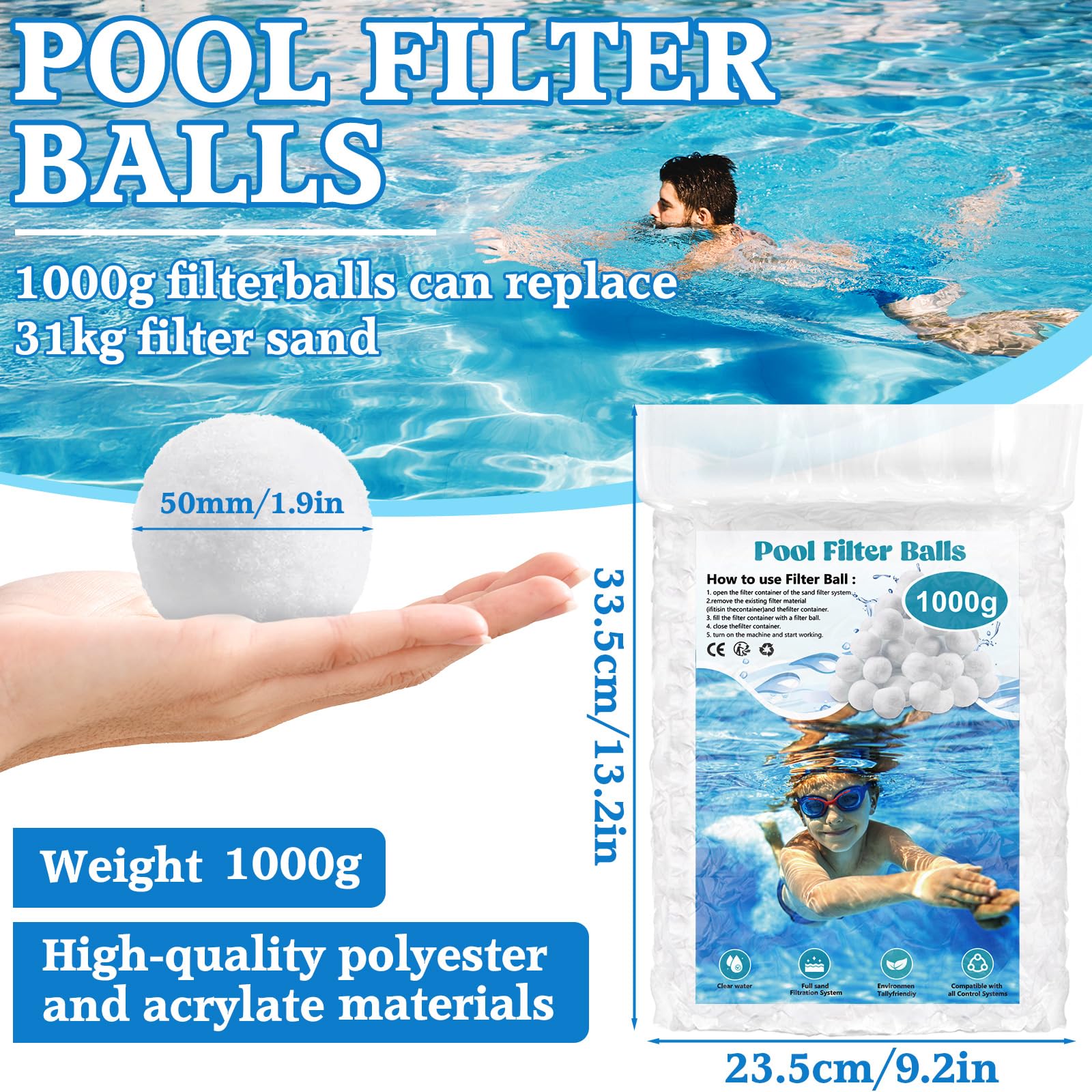 1000g Filtro Balls,Palline Filtranti per Piscina,Sfera Filtrante per Piscina,Filtro a Sfere di filtrazione,Essere riutilizzato,per Filtro Piscina,Adatto a Vari Filtro a Sabbia,Pompe Filtranti