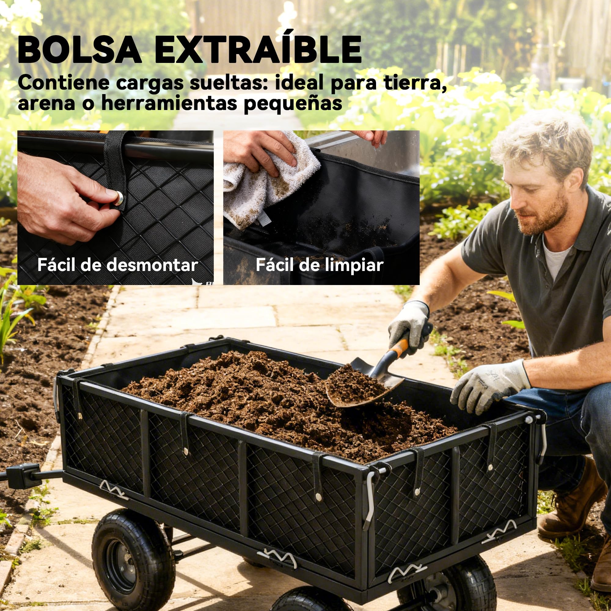 Outsunny Carrito de Jardín con Ruedas Grandes, Carga 300 kg, Carro de Mano con Asa Ajustable y Bolsa Impermeable Removible, Carrito de Transporte para Todo Terreno, Compra, Camping, Negro