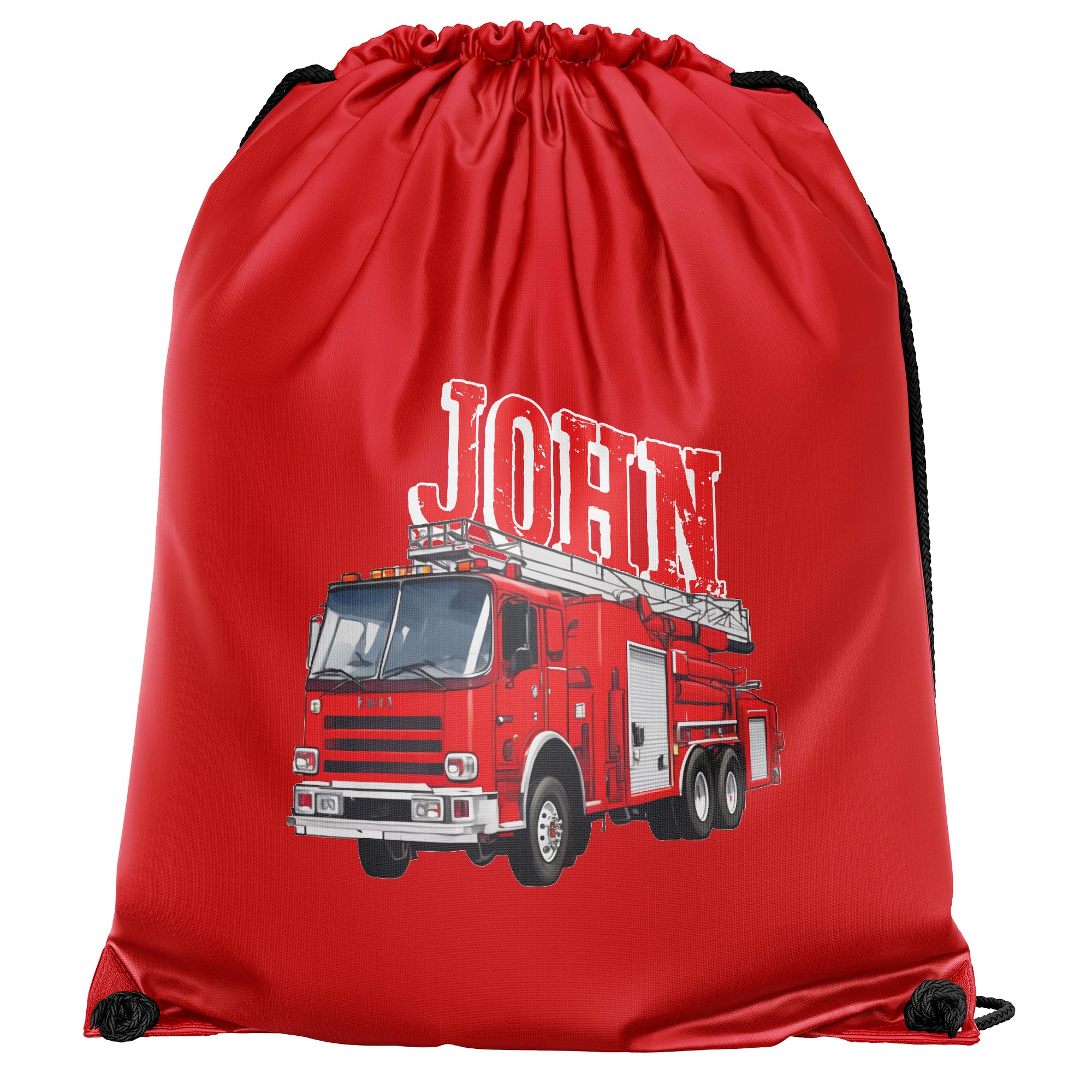 Personalised Fire Engine Drawstring Bag for Boys Custom Name Back to School PE Swimming Sports Kids Bag, One Size, Red