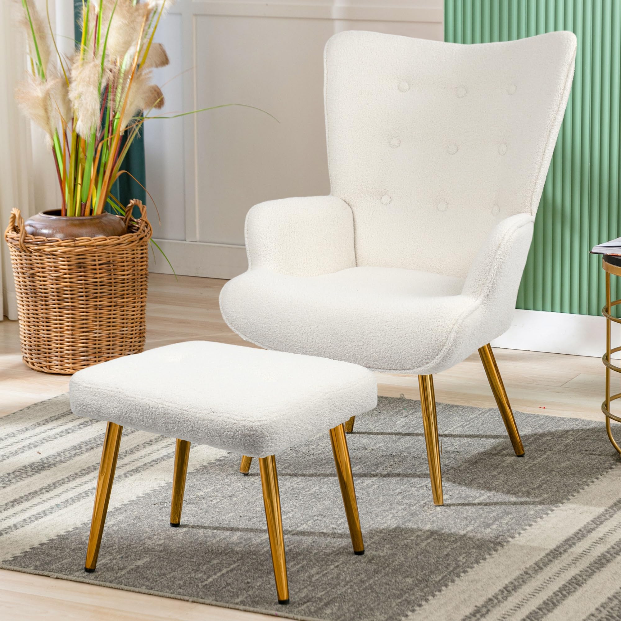 ADFUNIT Sessel, Ohrensessel mit Hocker, Polstersessel, Moderner Relaxsessel für das Wohnzimmer, Teddy-Samt-Loungesessel, Hochelastischer Schaumstoff Kleiner weißer Sessel Küche, Haushalt & Wohnen