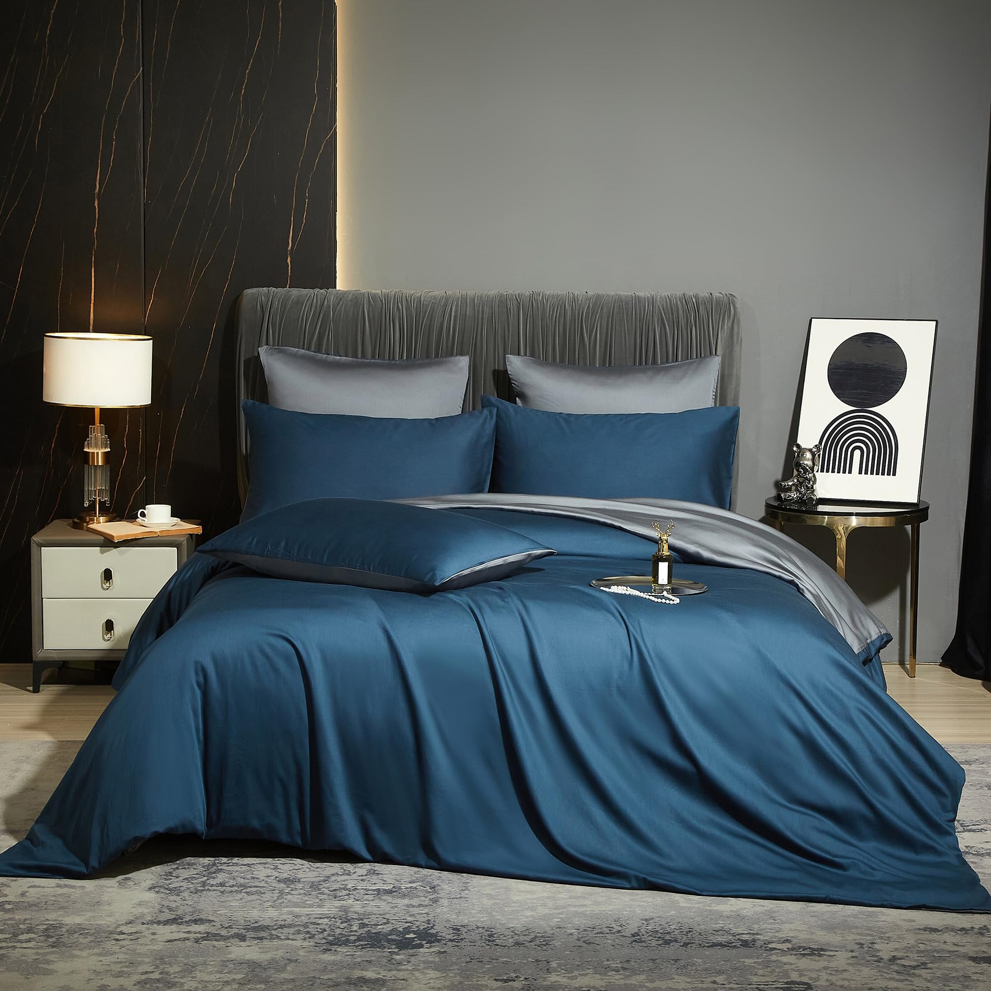 Luowei Bambus Bettwäsche 135x200 cm Dunkelblau Grau Sommer Kühlend Atmungsaktiv Wendebettwäsche aus 100% Bambus Lyocell Oeko-TEX Zertifiziert Bettbezug mit Reißverschluss und 1 Kissenbezug 80x80 cm