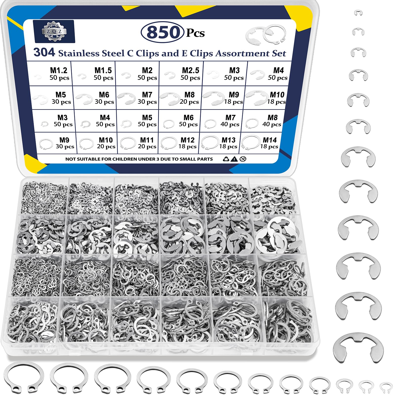 ZQZ 850Pcs C Clips Assortment Kit(M3-M14) and E Clips Assortment Kit(1.2mm-10mm), External Retaining Rings, 24 Sizes Snap Rings Assortment Kit, 304