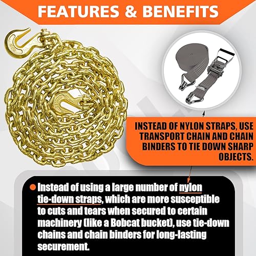 Miniatura 75 de G80 - Cadena de transporte de 3/8 pulgadas x 25 pies de seguridad/carpeta con ganchos de agarre de horquilla 7,100 libras, cadena de registro