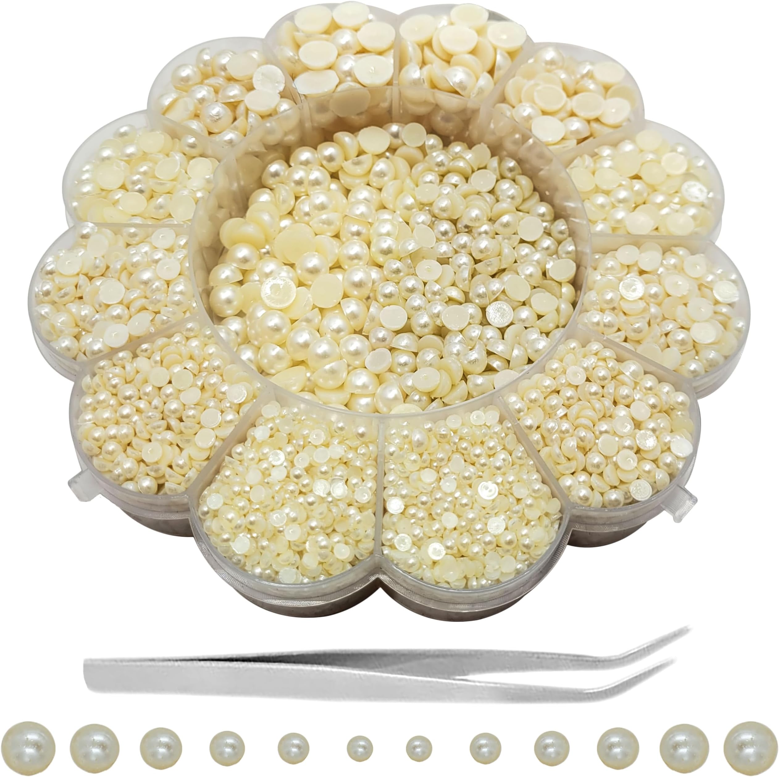 Half Cut Round Flat Back Pearl Beads Set for Crafts & Jewellery Making | with Flower Shaped Organiser Box (Off White)
