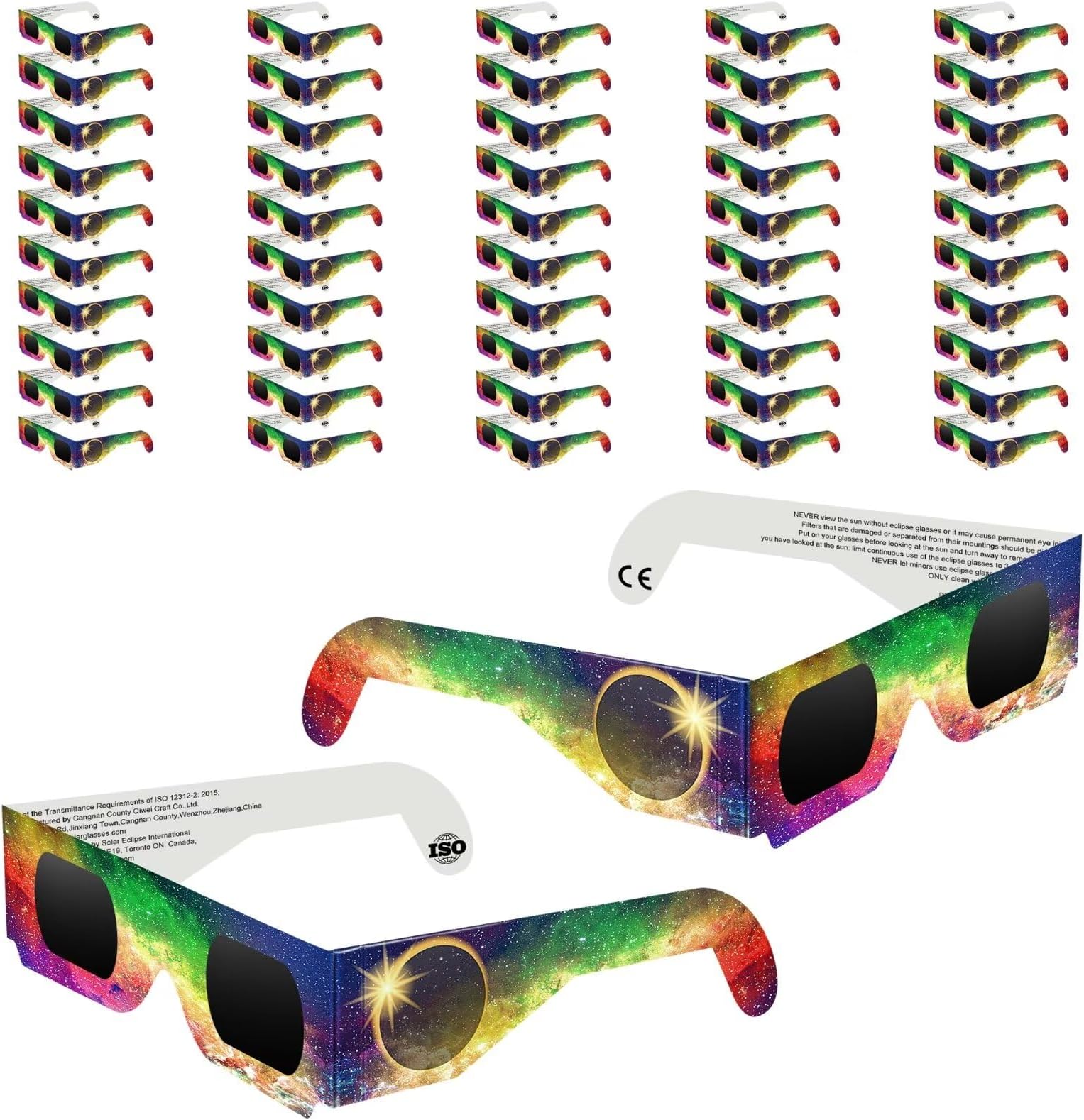 50 Pack Solar Eclipse Glasses 2024, CE & ISO 12312-2 Certified Recognized Paper Eclipse Glasses, Eye Protection Approved for Direct Sun Viewing, Sun Safe Shades for 2024 Total Solar Eclipse