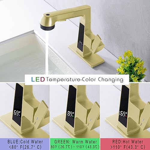 Miniatura 2 de Qeemee Grifo de Baño LED con Grifo de Salida Extraíble, Grifo de Fregadero de Oro Cepillado con Pantalla Digital de Temperatura, Grifo de Lavabo de