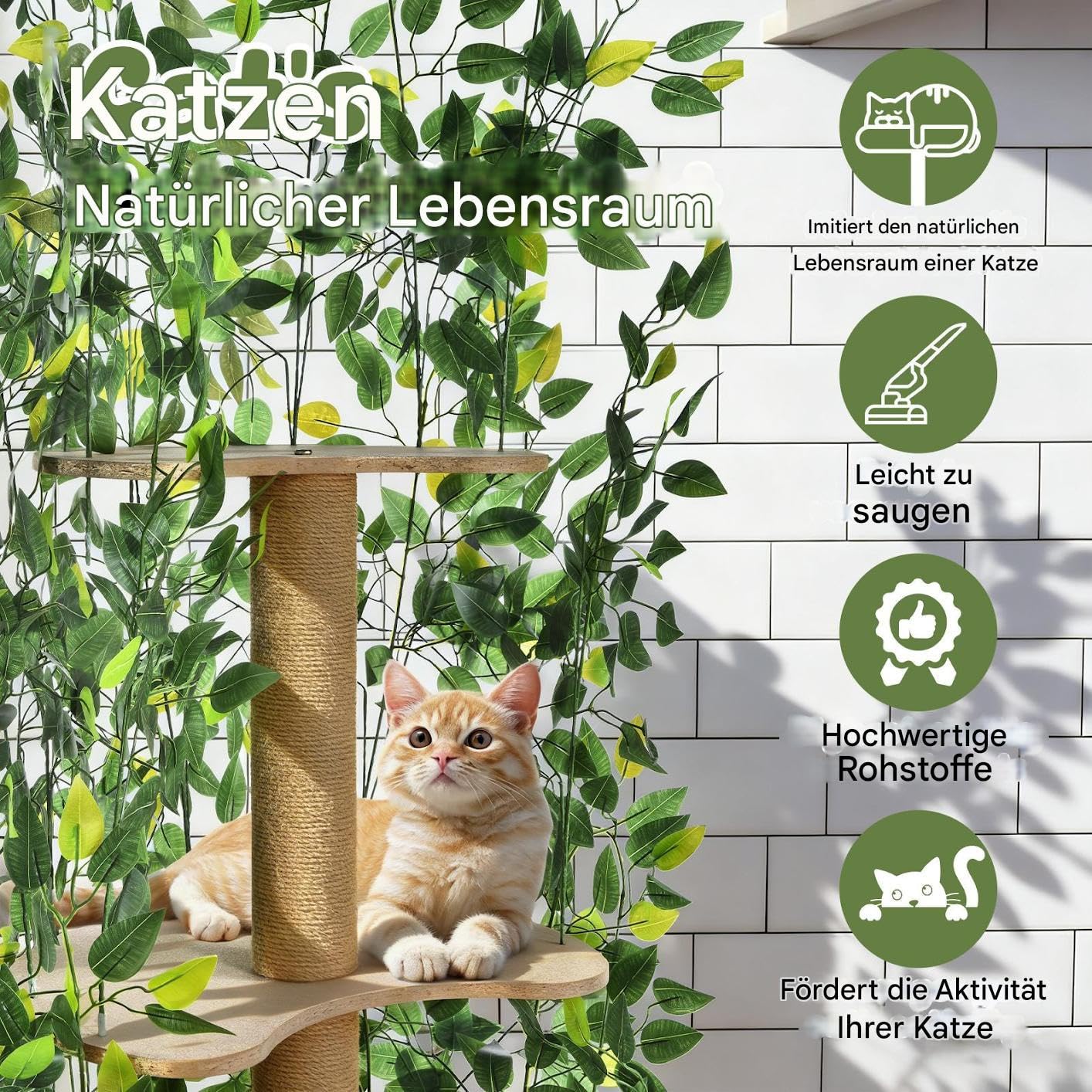 Tiragraffi con foglie e telaio in legno, 150 × 50 × 50 cm – stabile albero per gatti a più piani con palo in sisal, design moderno per casa, gioco e relax