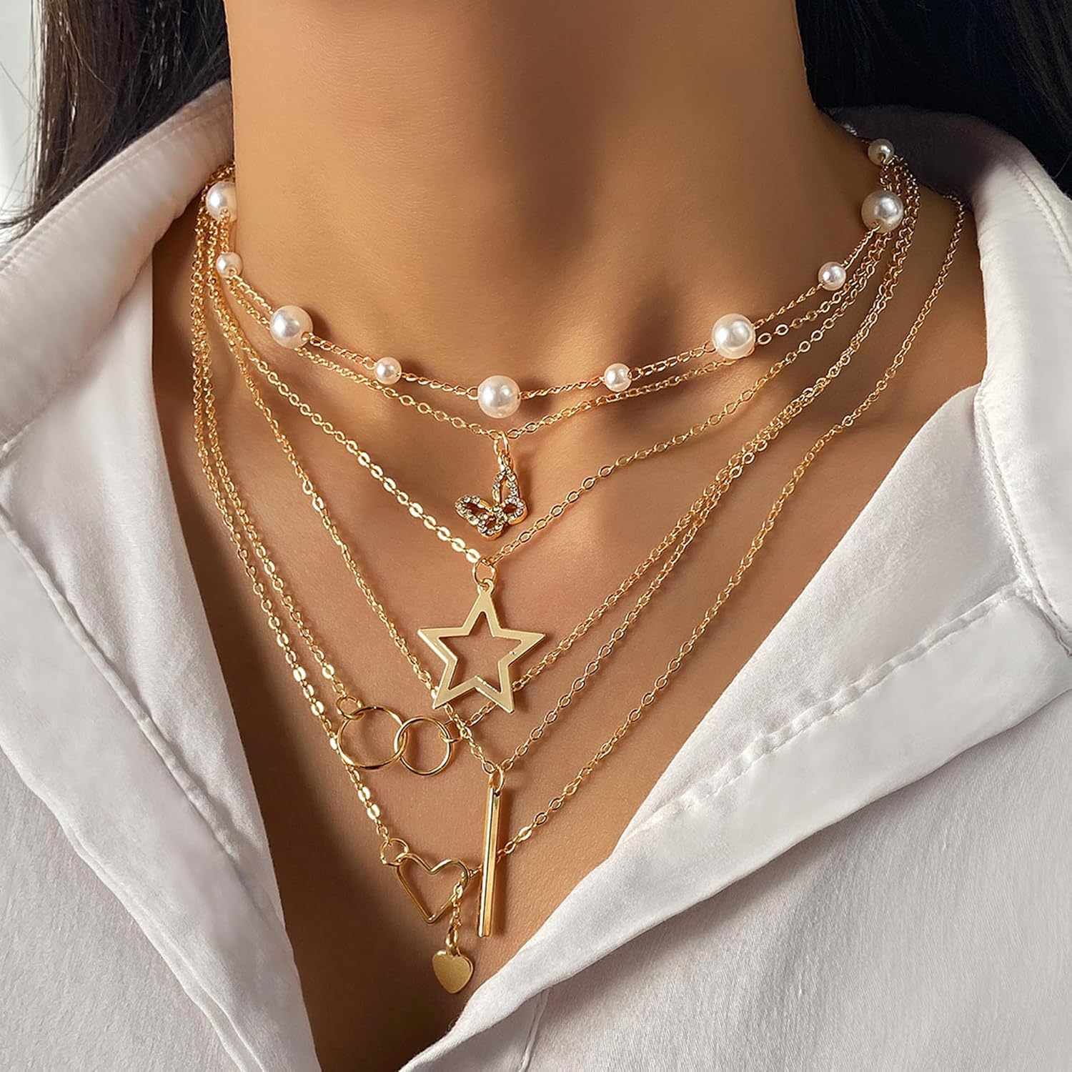 57 Pcs Gold Jewelry Set for Women,12 Pair Hoop Earrings，18 Pair Round Stud Earrings,21 Pcs Stackable Knuckle Rings,6 Pcs MultiLayer Pendant Necklaces，Fashion Accessories for women Gifts - Image 2