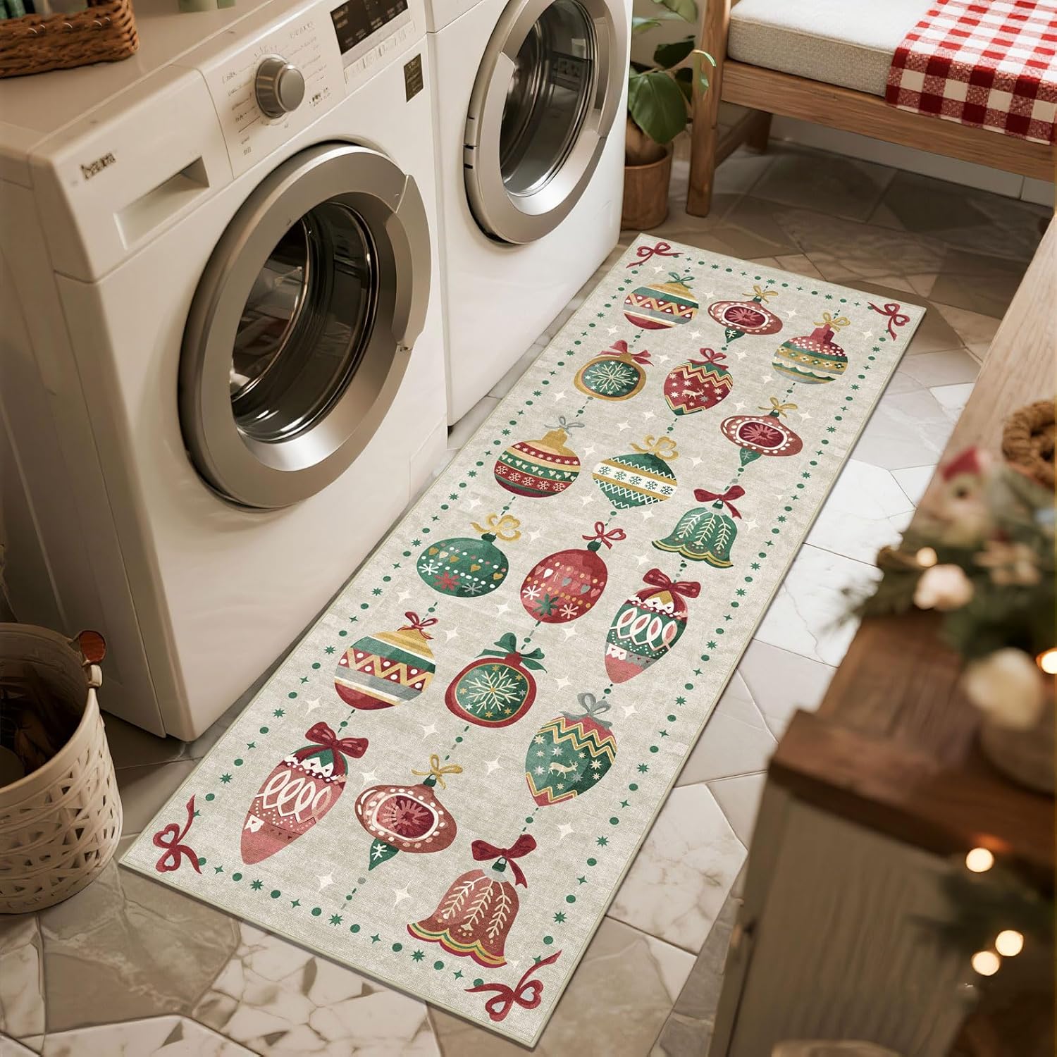 Christmas 2x6 Runner Rug - Runners for Hallways Non-Slip Washable Kitchen Rugs Colorful Ornaments Print Bedroom Rug Xmas Holiday Beige Runner Rugs for Hallway Entryway Bathroom Laundry Room
