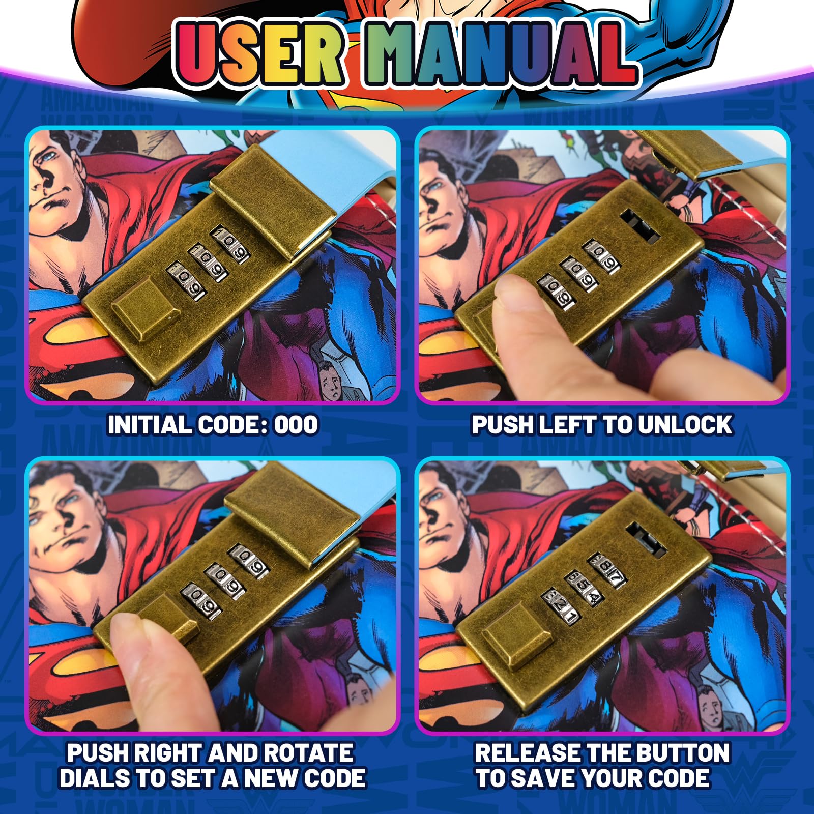 Superhelden-Tagebuch mit Schloss, Comic-inspiriertes PU-Leder-Notizbuch, Tagebuch mit Schloss, 228 Seiten, gesperrter Tagebuch, Planer, Organizer für Jungen, Mädchen, Teenager, Fans, Schule oder