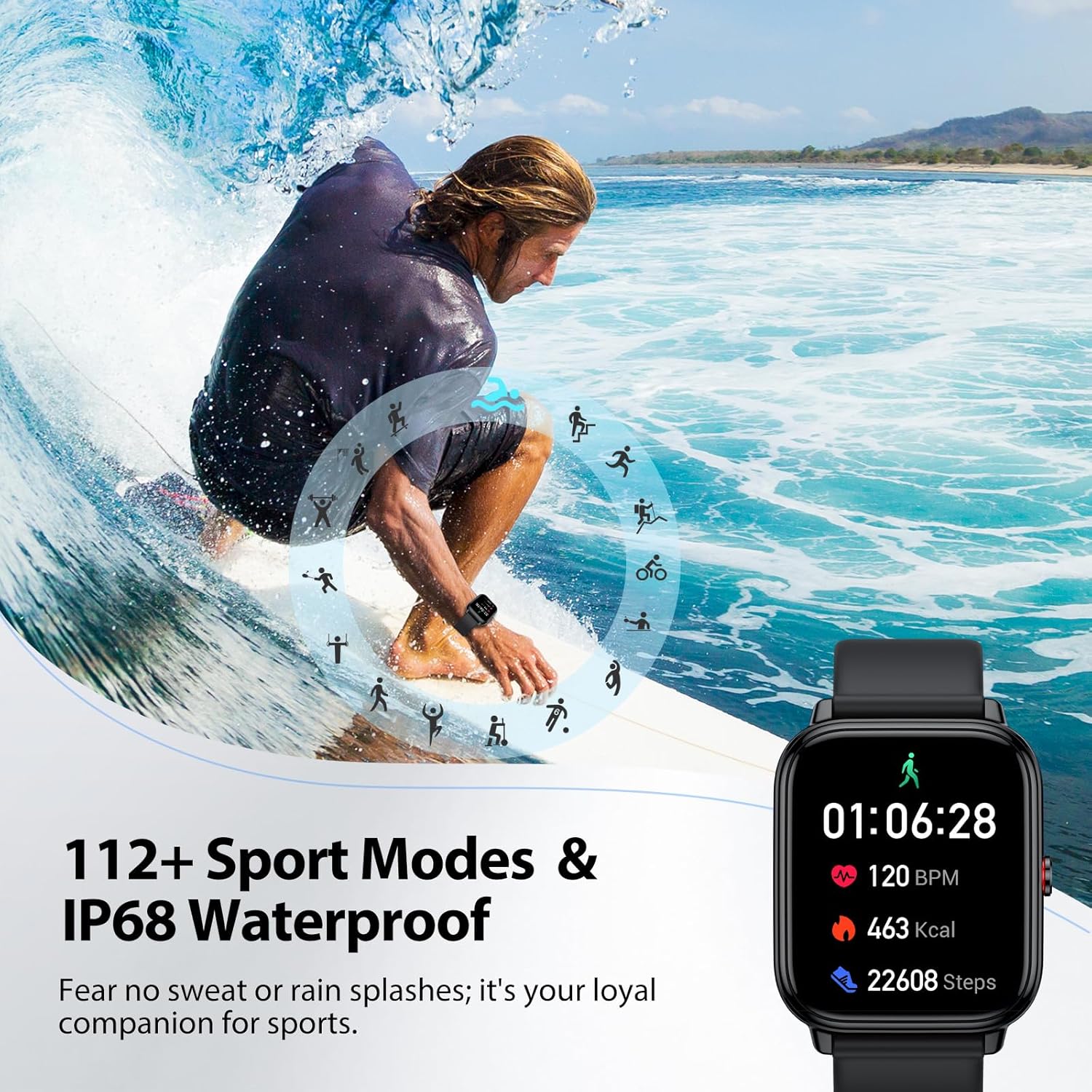 Tiksounds P150 Smart Watch displaying sports tracking data during a surfing activity
