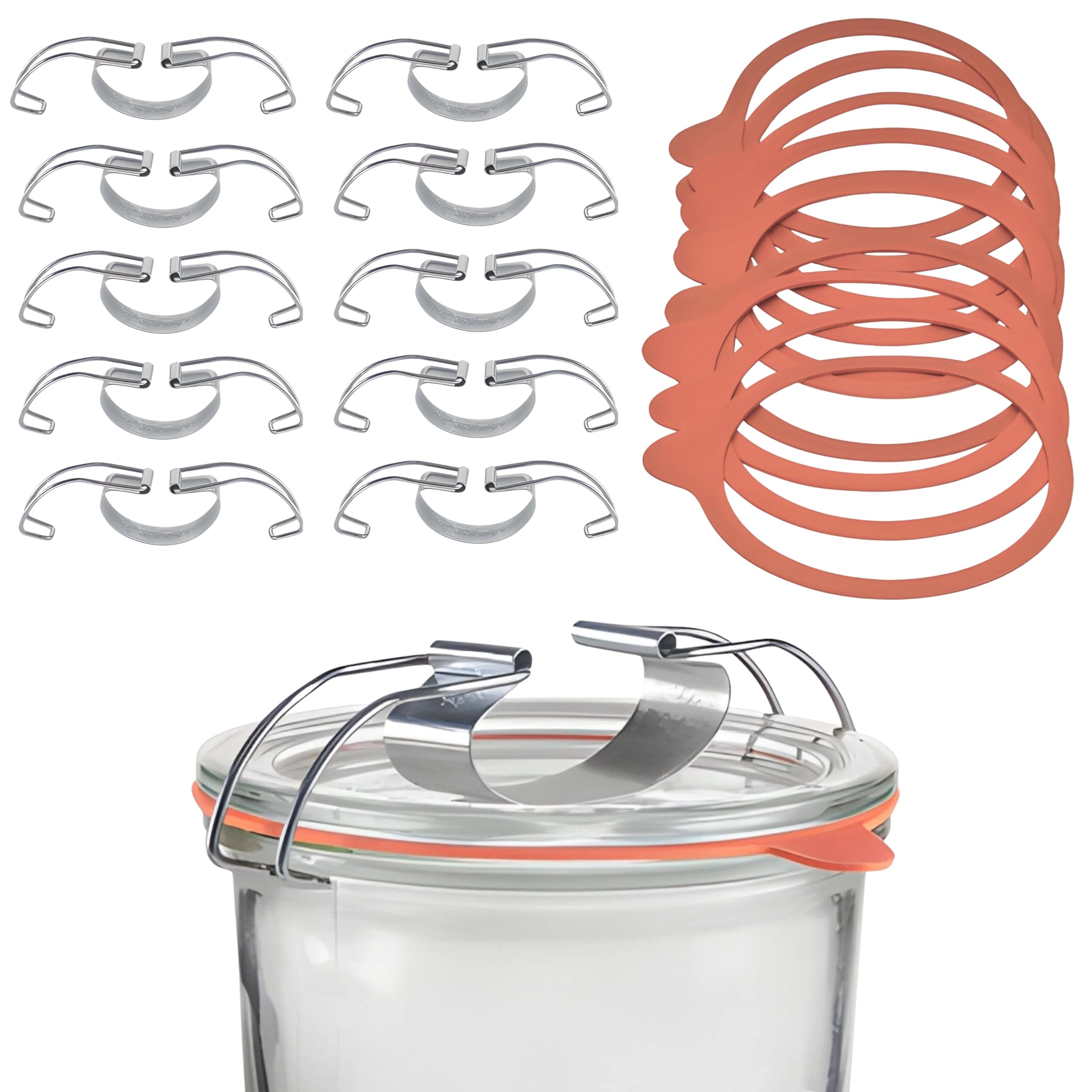 mikken Einmach-Set 10 Weckringe 94x108 mm Gummiringe für Weckgläser 10 cm und 10 Grosse Metallklammern