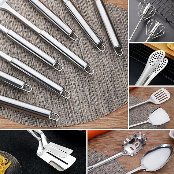 Polegas Stainless Steel Kitchen Utensil Set, 15 PCS Cooking Utensils, Nonstick & Heat Resistant Tools, No Plastic Gadgets Cookware Accessories