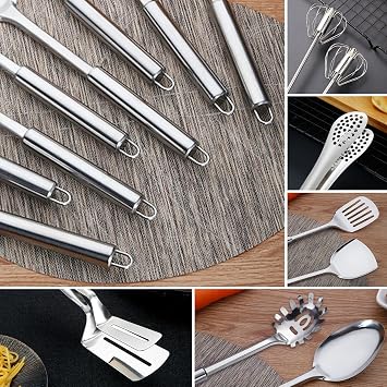 Polegas Stainless Steel Kitchen Utensil Set, 15 PCS Cooking Utensils, Nonstick & Heat Resistant Tools, No Plastic Gadgets Cookware Accessories