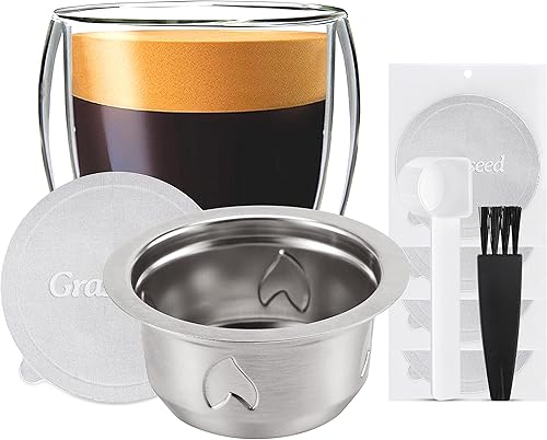 Grasseed Cápsula Vertuo recargable, kit de cápsulas Vertuo de acero inoxidable reutilizable con 100 tapas de aluminio, cuchara, cepillo, preparación