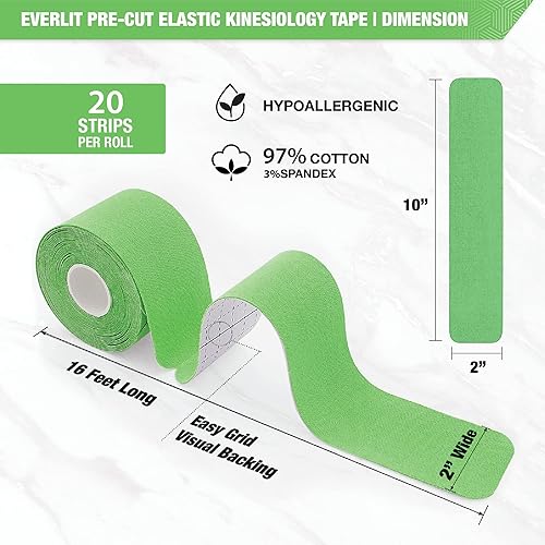 Miniatura 2 de EVERLIT Paquete de 4 Cinta elástica precortada de algodón kinesiología terapéutica deportiva, para aliviar el dolor y apoyo, 80 tiras precortadas de