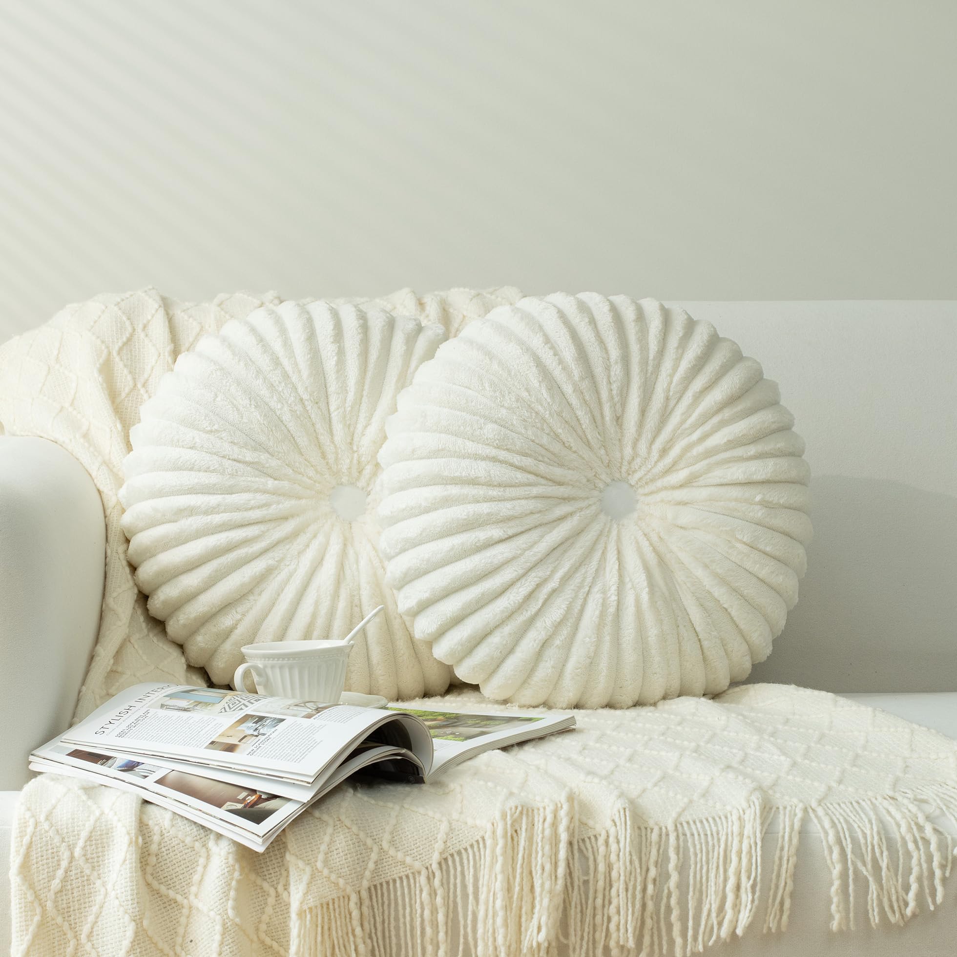 HIG Set of 2 Off White Flannel Decorative Round Pleated Throw Pillows