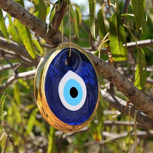 Miniatura 7 de BCS Adorno para colgar en la pared de 3.5 pulgadas de color azul y dorado, adorno de cristal hecho a mano turco griego Nazar, amuleto de buena