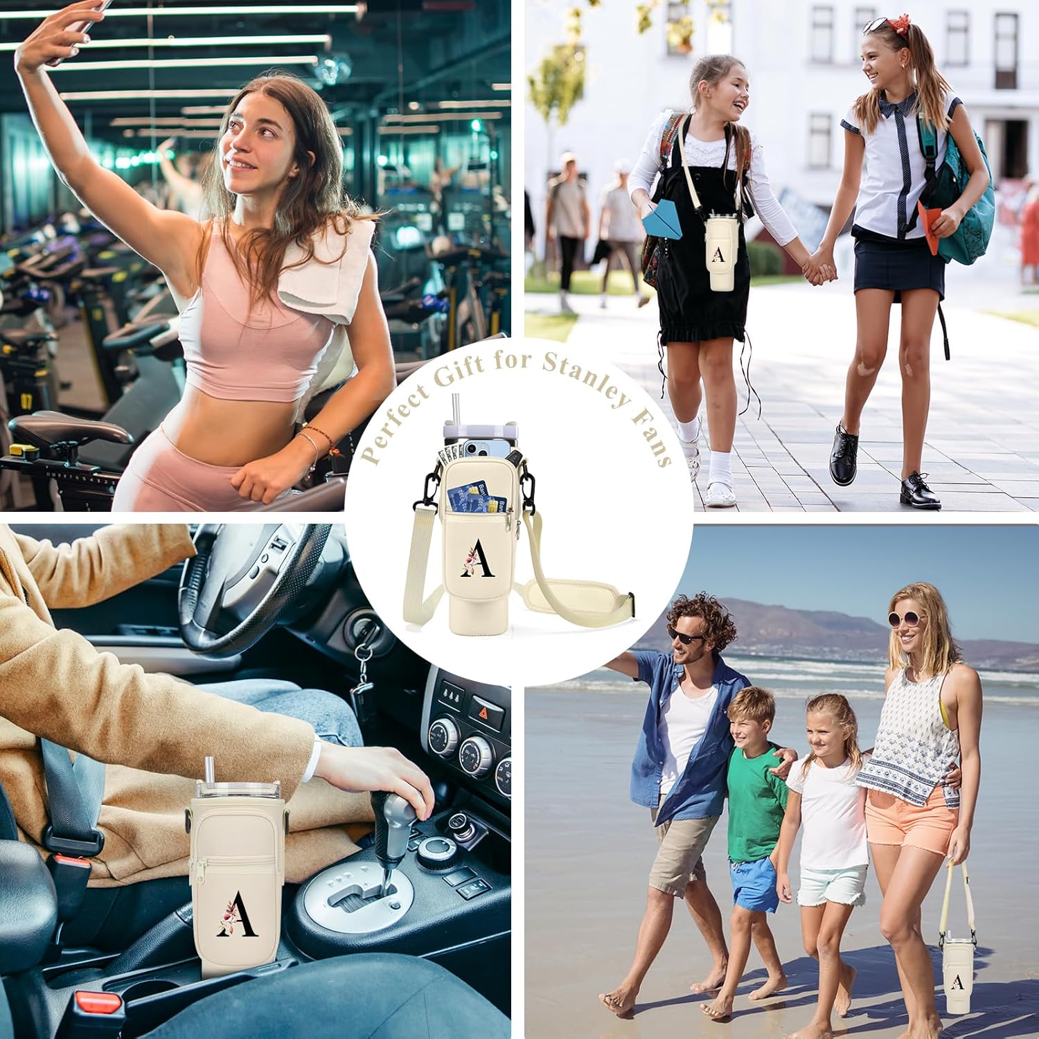 Initial A-Z Water Bottle Carrier Bag for Stanley 40 oz Tumbler with Handle Adjustable Strap Phone Pocket Neoprene Water Bottle Pouch for Stanley Cup Accessories