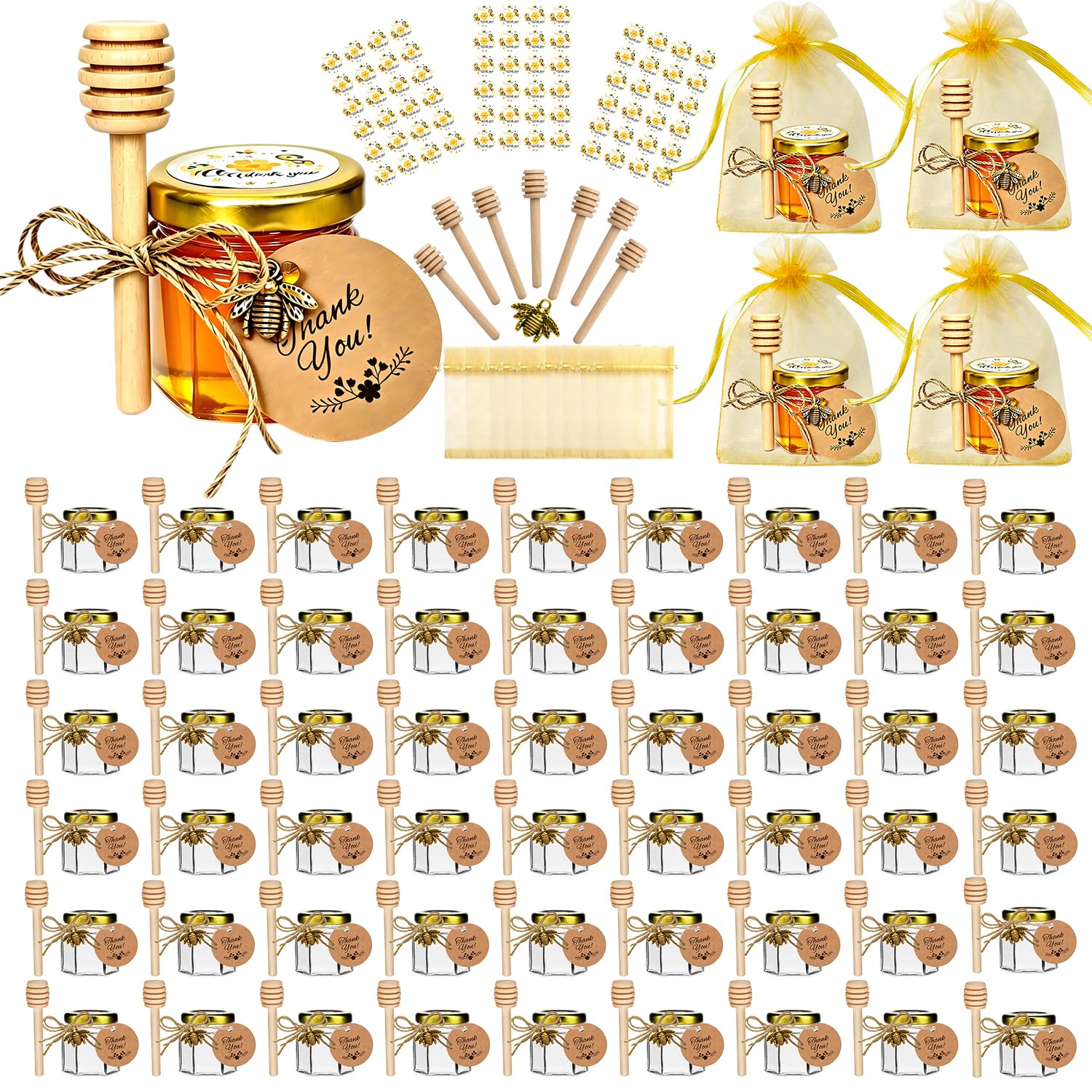 60 pack barattoli di miele di vetro, 1.5 oz vasi di miele esagonali, Con Dippers, ciondoli di api, sacchetti regalo, carta, jute e adesivi - ideali per bomboniere battesimo, matrimoni e feste