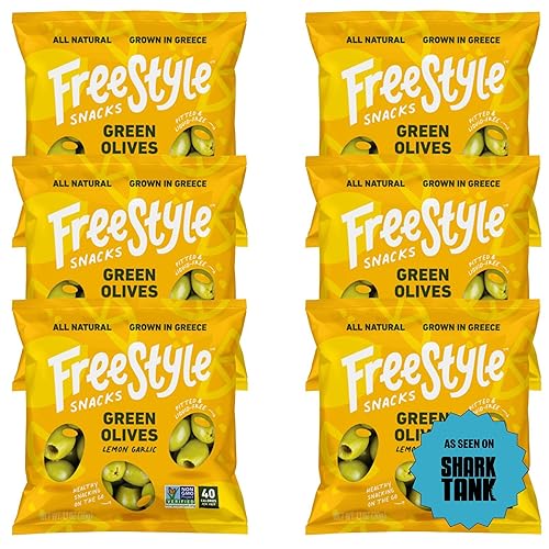 Freestyle Snacks Paquetes de aperitivos de oliva, como se ve en Shark Tank, una sola porción, aceitunas verdes frescas sin hueso, cultivadas en