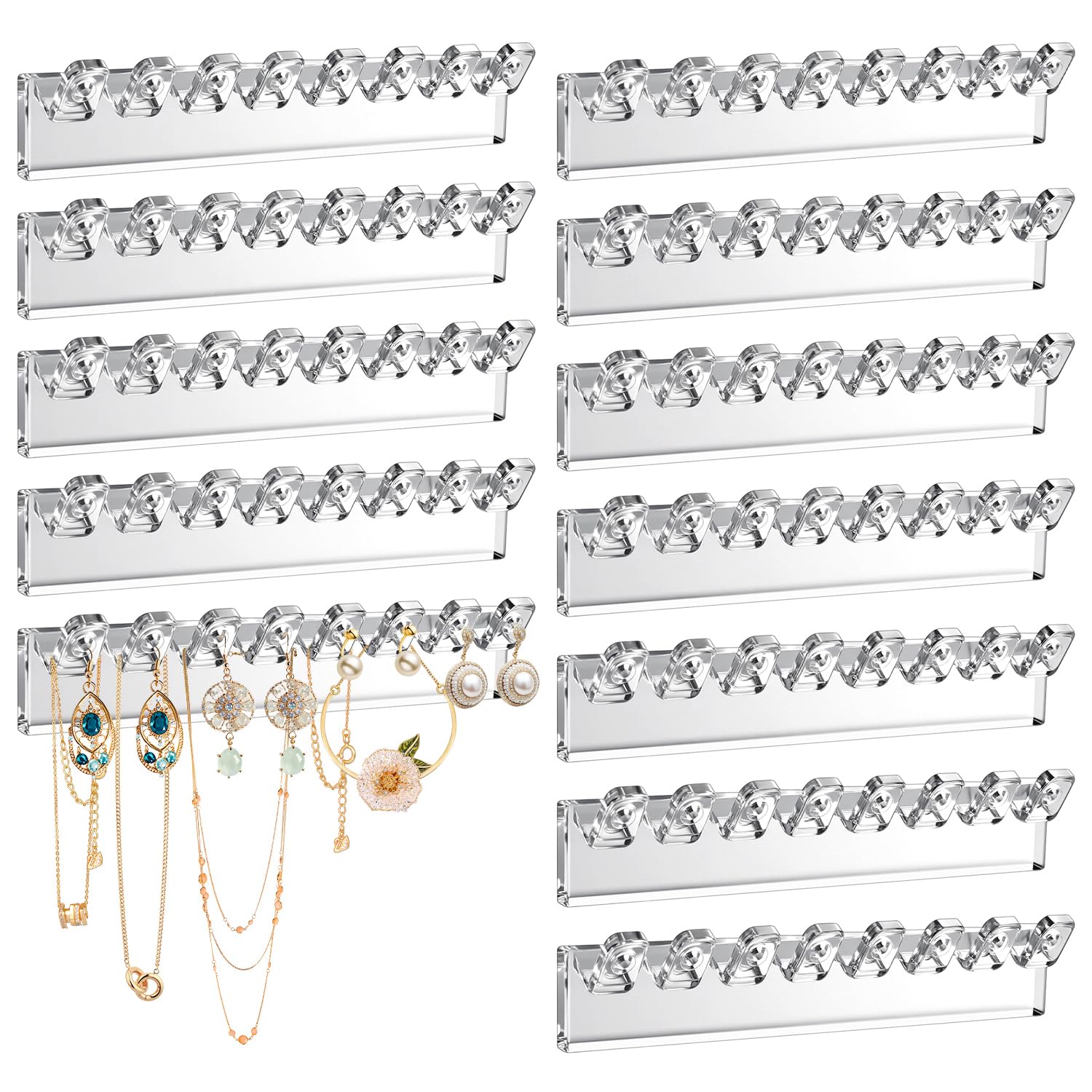 12 Pieces Self-Adhesive Necklace Organizer Necklace Holder Wall Mounted Hanging Jewelry Organizer with 8 Hooks for Necklaces, Bracelets, Rings, Earrings and Jewelry Display (3.7 inches long)-image-26