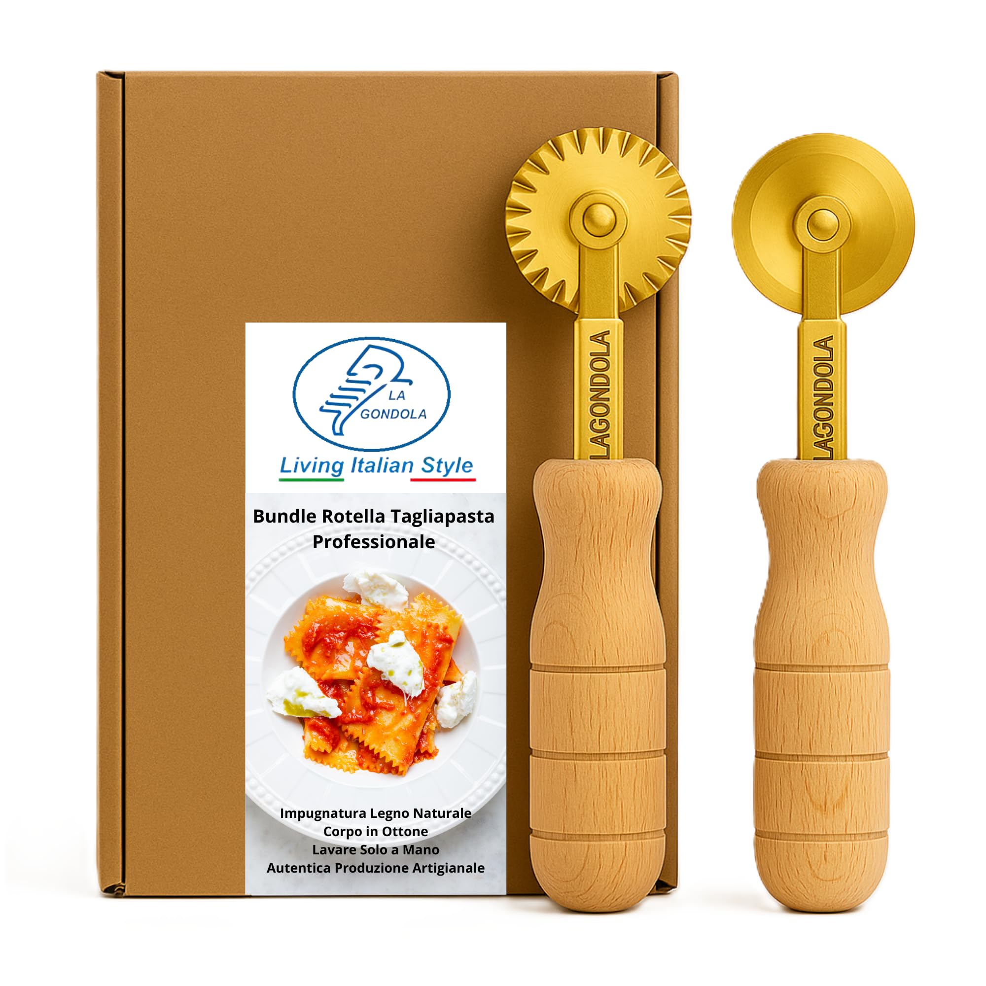 Set 2pz -Rotella Singola Tagliapasta Festonata (a stella) e Rotella Liscia Ottone ed Impugnatura Legno, Prodotto Artigianale Made in Italy