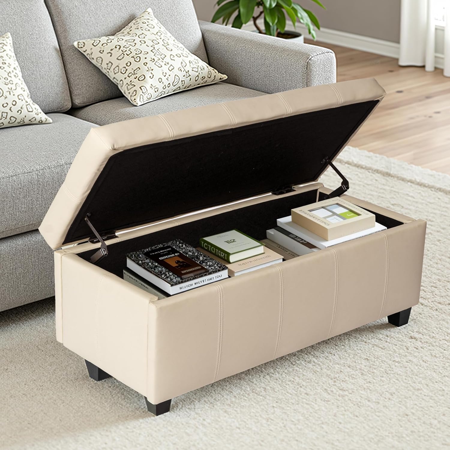 CangLong 36Inch Damara Lift-Top Storage Ottoman Bench with Faux-Leather Upholstery, Upholstered Foam Padded Rectangular Footstool, Easy Assemble Furniture ,Cream