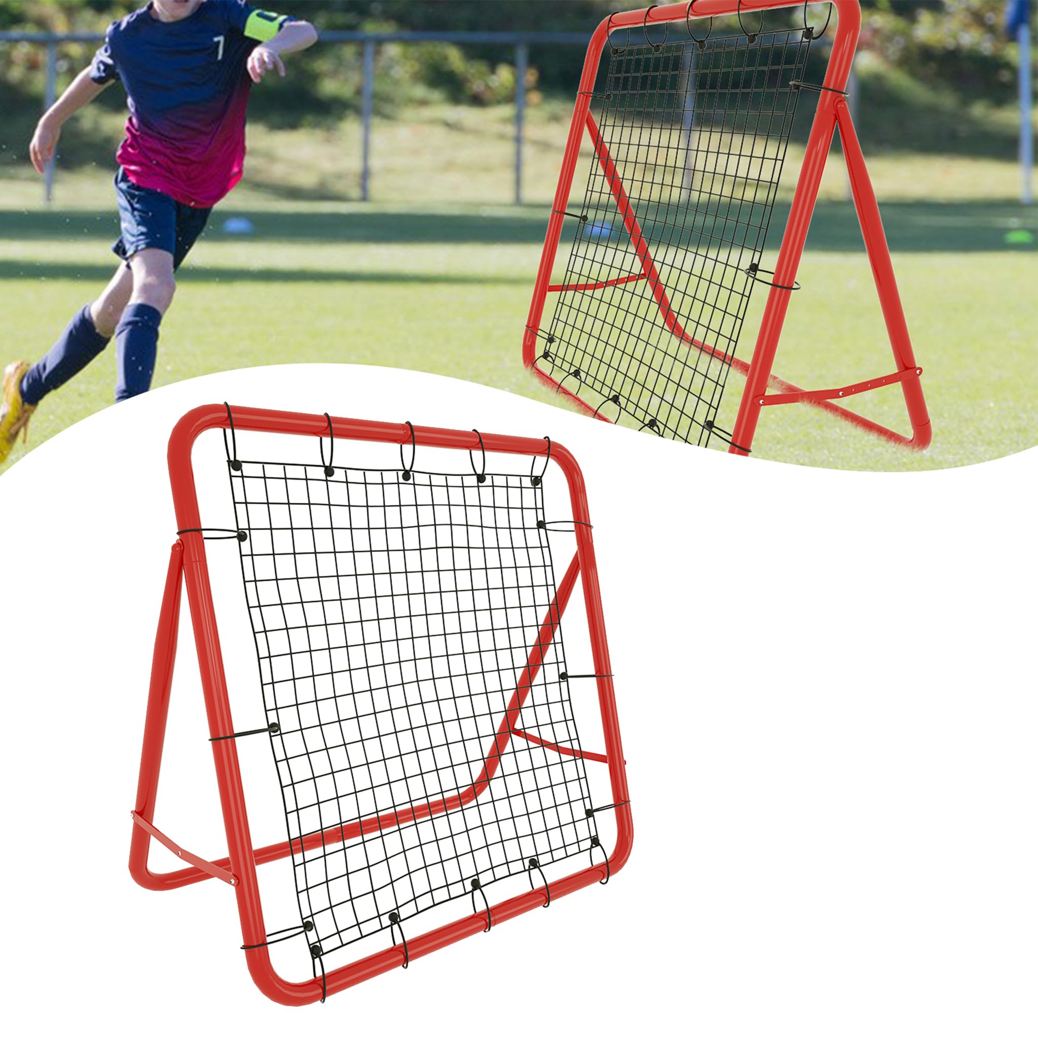 Red de rebote de fútbol, red plegable, 4 niveles ajustables, 100 x 100 x 65 cm, color rojo